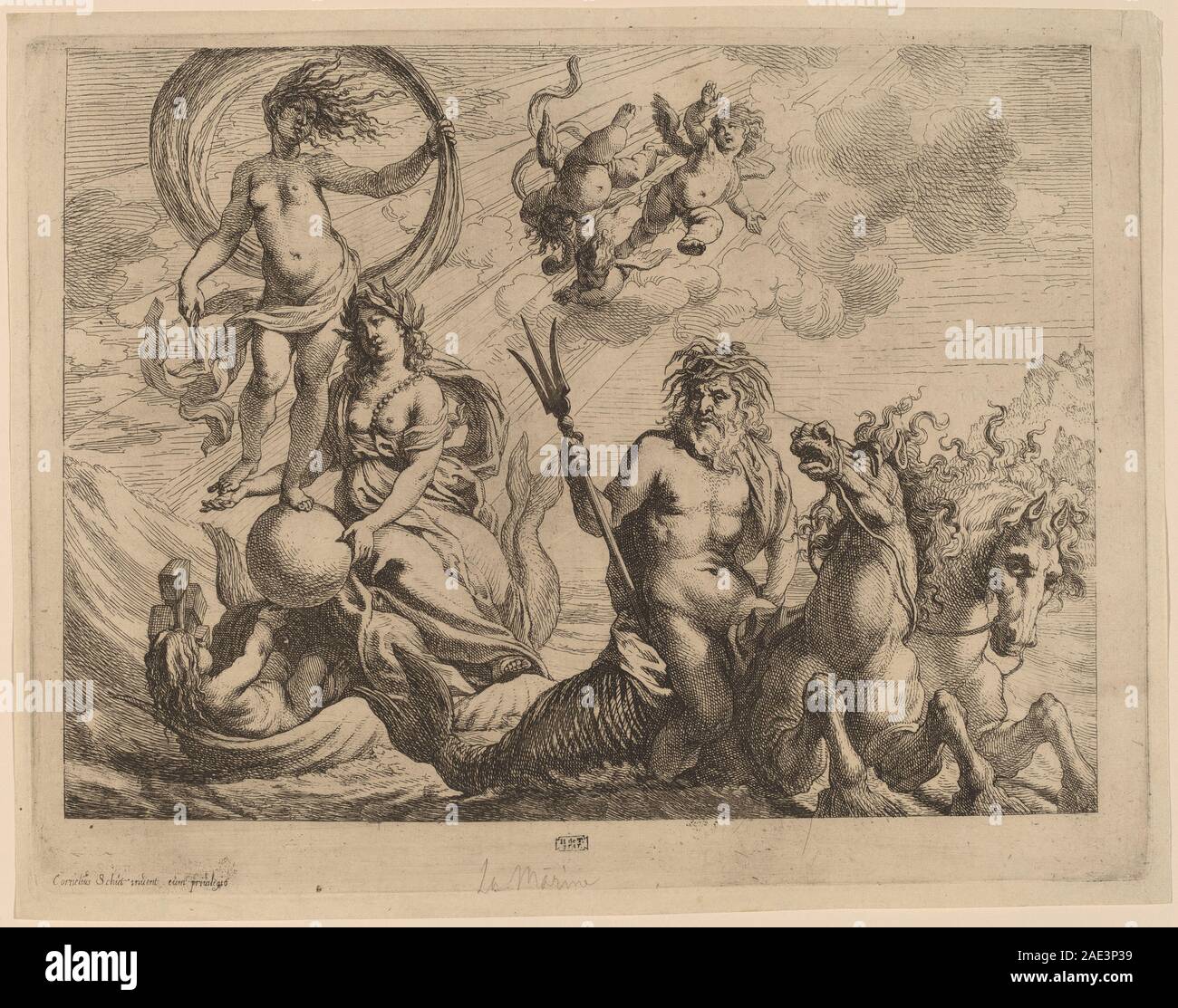 Un tableau de Cornelis Schut I représentant Neptune, le Dieu romain de la mer, accompagné de deux chevaux sur l'eau. L'œuvre met l'accent sur le sujet mythologique, la composition dynamique et le style de peinture baroque du XVIIe siècle. Banque D'Images