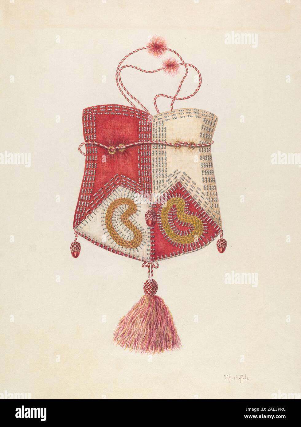 Une illustration de conception vers 1937 par Cornelius Christoffels représentant un sac, montrant la forme, les sangles, la fermeture, les coutures, texture du matériau et éléments décoratifs rendus en aquarelle et graphite pour souligner la construction et le design. Banque D'Images