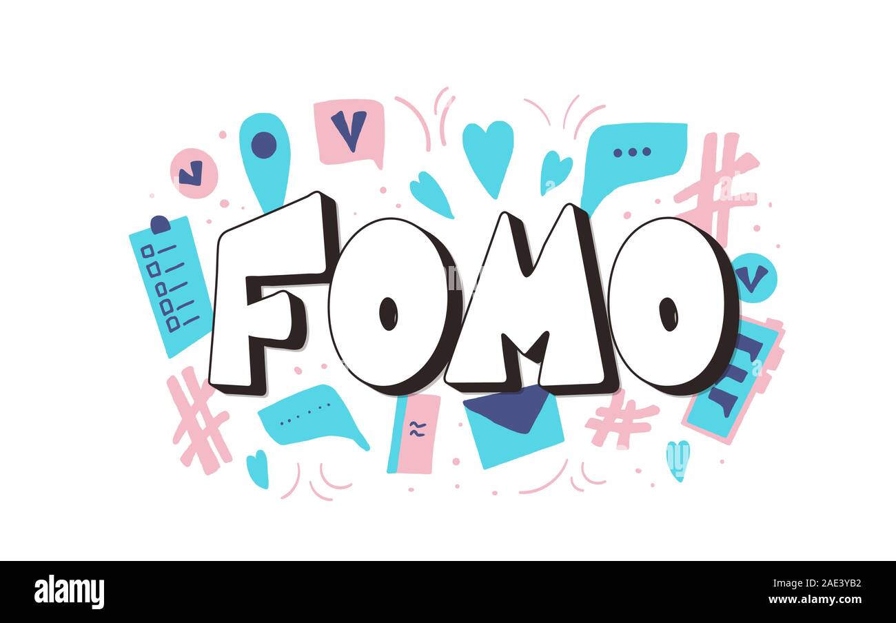 Abréviation FOMO emblème texte isolé sur fond blanc. Acronyme d'anxiété sociale moderne. Peur de manquer de concept. Vector illustration Illustration de Vecteur