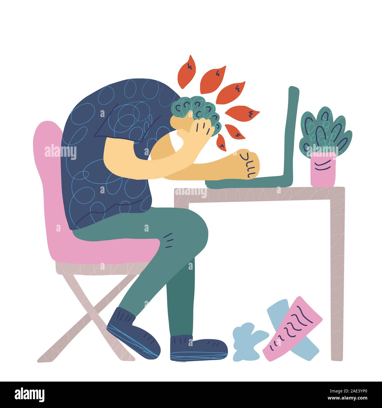 Le syndrome d'épuisement professionnel concept. L'homme assis à l'office. Personne vecteur à la table. Illustration de Vecteur