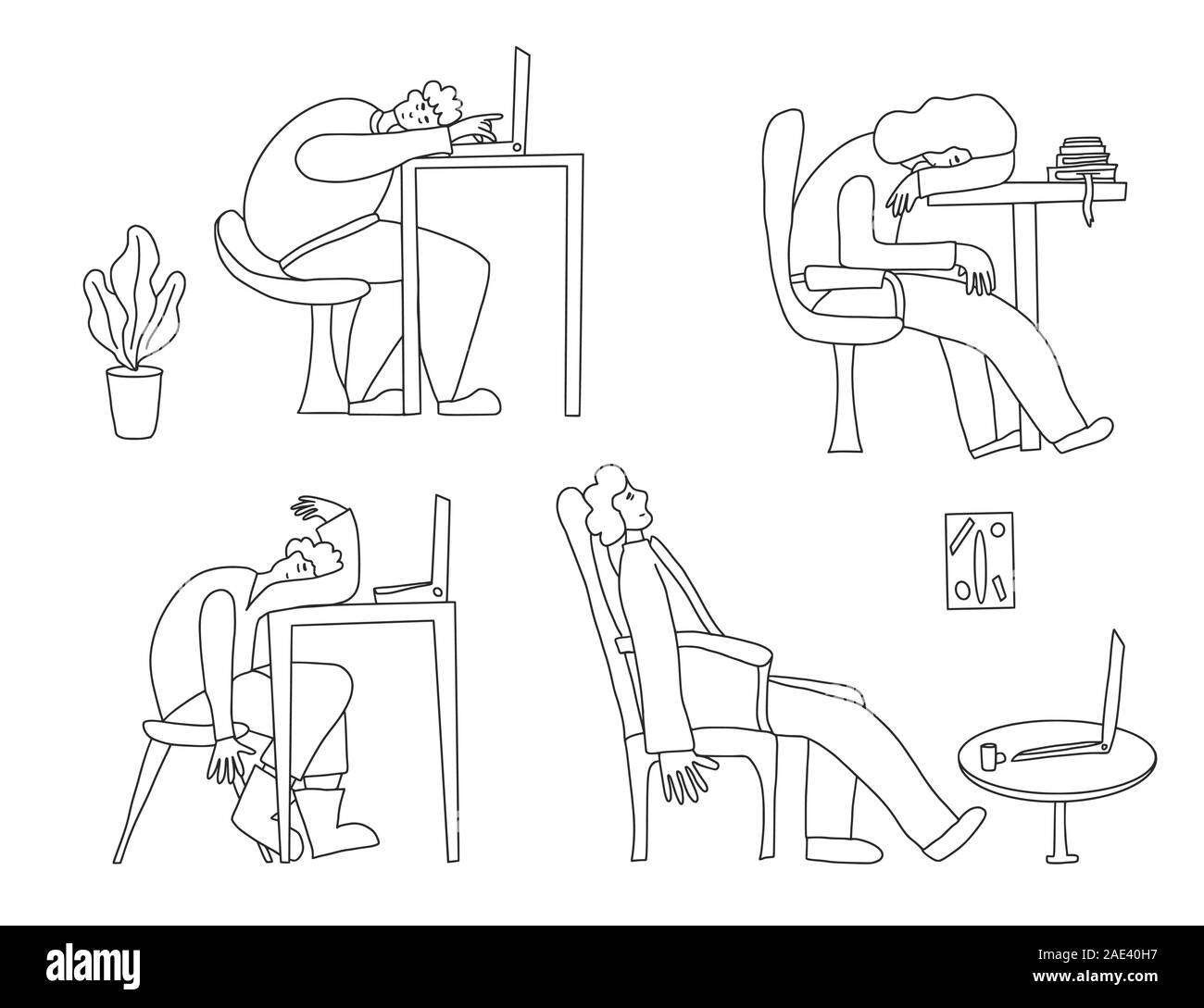 Jeu de caractères fatigué. Les personnes à la table et dormir. Épuisé l'homme au travail. Vector illustration. Illustration de Vecteur