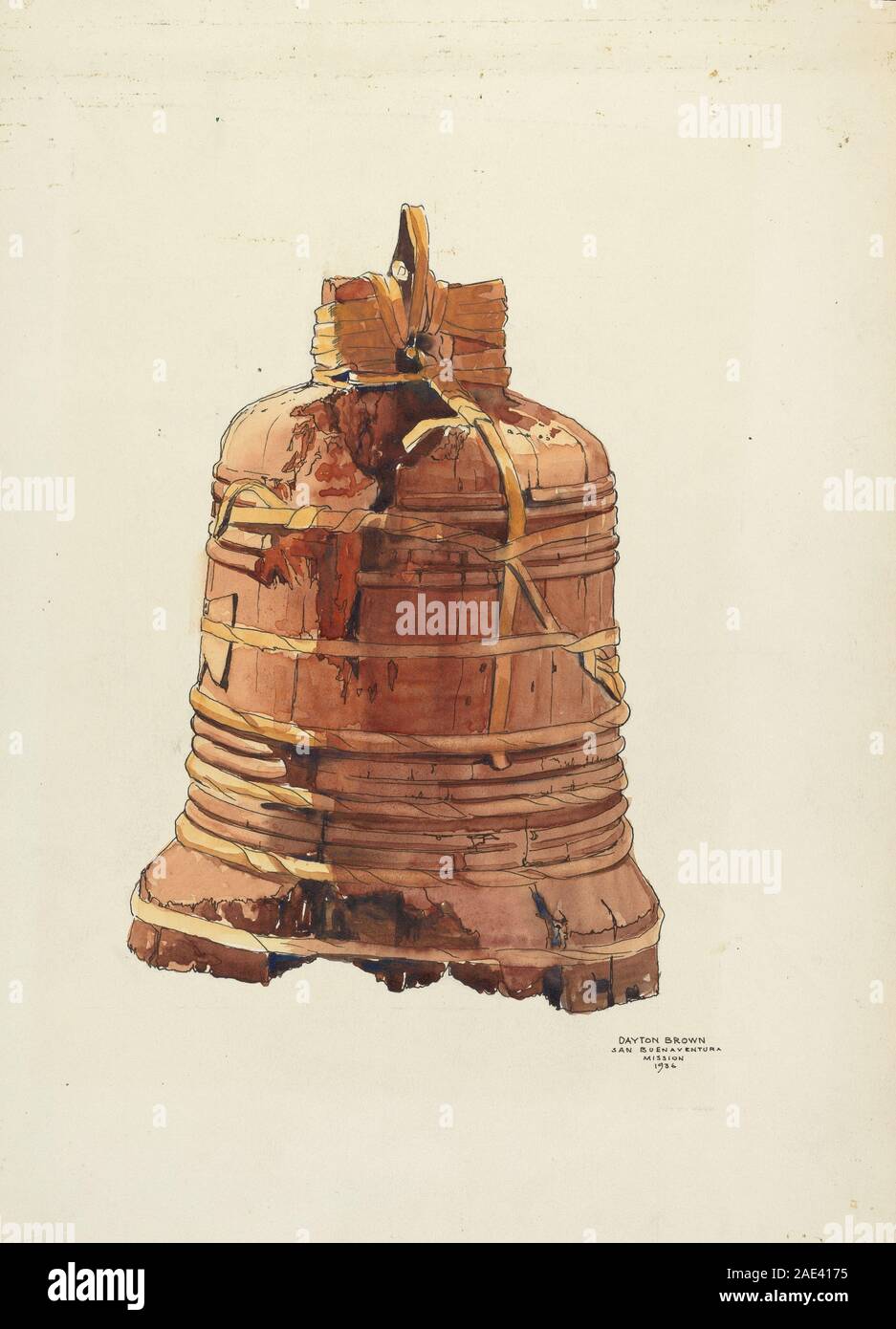 Cette cloche en bois, créée en 1936 par Dayton Brown, est un instrument à percussion fabriqué à la main en bois, utilisé pour la signalisation sonore et la décoration, montrant l'artisanat du milieu du XXe siècle. Banque D'Images