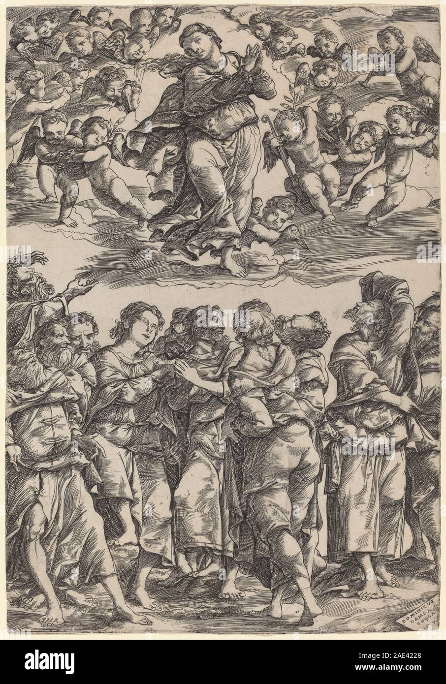 Une peinture de 1517 de Domenico Campagnola représentant l'Assomption de la Vierge Marie, montrant la figure de Marie ascendante, les anges, les nuages et le symbolisme religieux. Banque D'Images