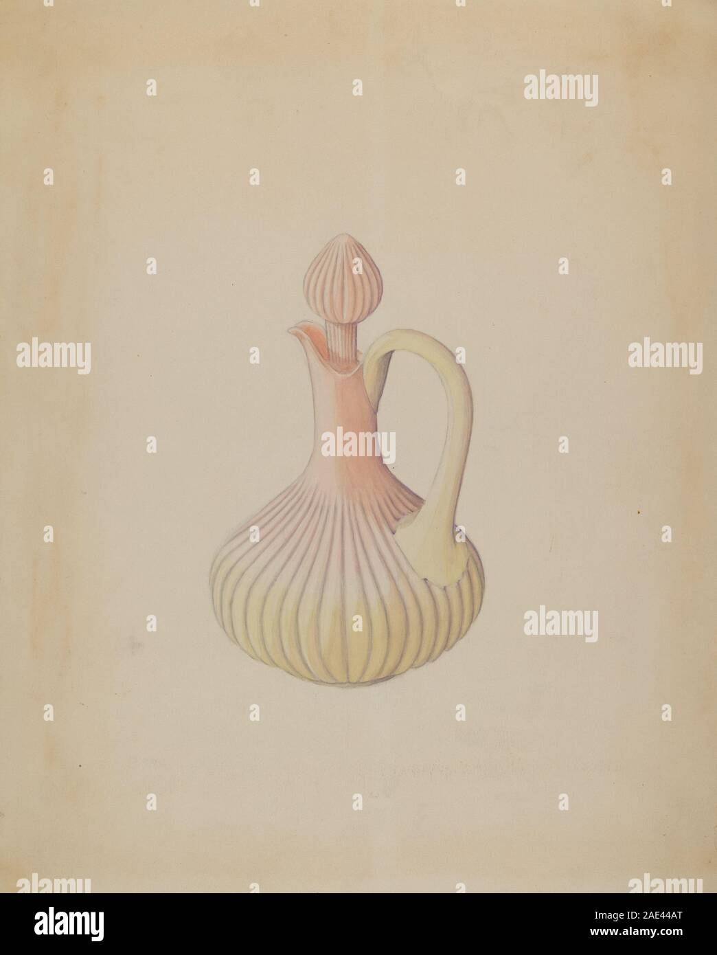 Ce dessin réalisé vers 1936 par Dorothy Posten représente un cruet, montrant le corps du conteneur, le bec verseur, le bouchon ou le couvercle, la poignée et les éléments décoratifs avec une attention particulière aux proportions et aux détails de conception. Banque D'Images