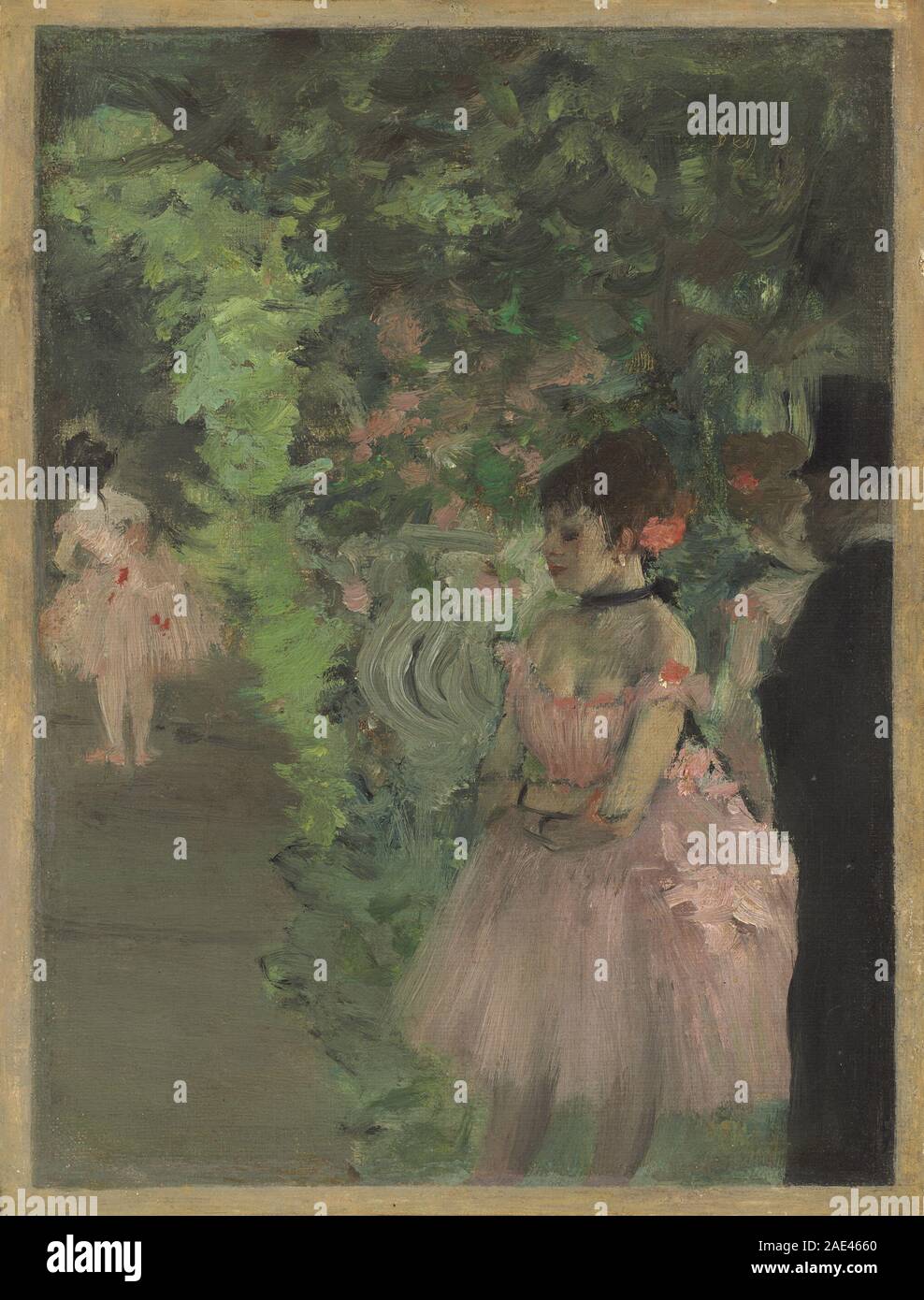Peinture d'Edgar Degas, 1876–1883, montrant des danseurs en coulisses préparant et ajustant des costumes, mettant l'accent sur la posture, le mouvement et les détails de la scène intérieure à l'huile sur toile. Banque D'Images