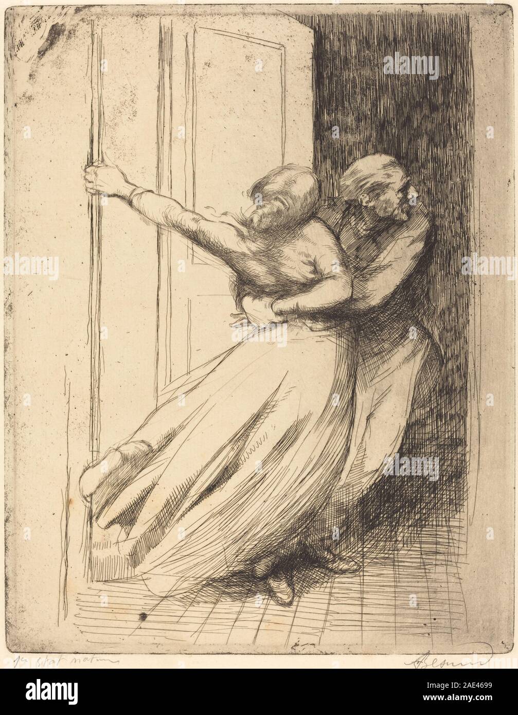 Une peinture d'Albert Besnard datant de 1886 représentant une scène historique ou dramatique intitulée « le vol », montrant des figures, des gestes, une composition, un éclairage, et l'expression émotionnelle. Banque D'Images