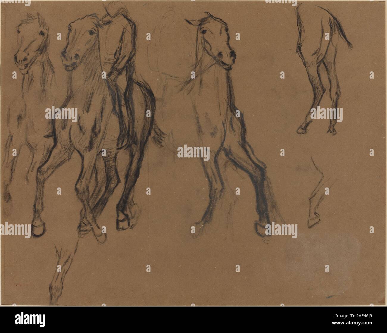 Etude des chevaux, peint par Edgar Degas vers 1886, présente des observations détaillées des chevaux en mouvement, mettant l'accent sur l'anatomie, la posture et le mouvement dynamique dans un cadre naturaliste. Banque D'Images