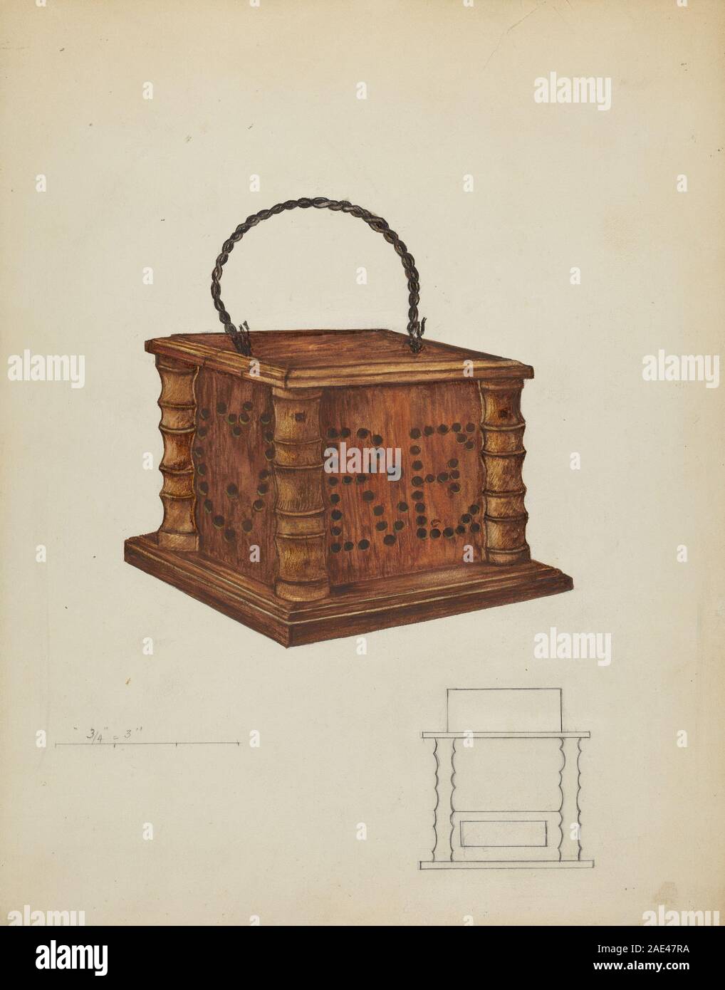 Un chauffe-pieds fabriqué vers 1937 par Edith Miller, conçu pour un usage domestique, avec une construction en métal et en tissu typique des appareils de chauffage du début du XXe siècle. Banque D'Images
