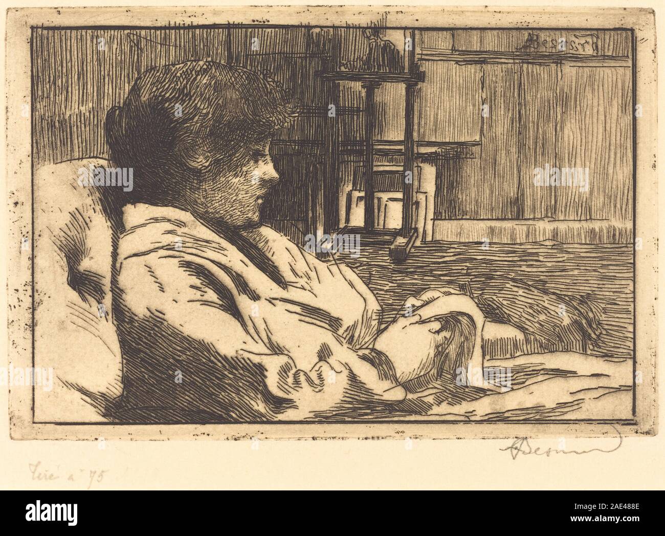 Une peinture de 1887 par Albert Besnard représentant une femme lisant dans un studio, mettant en évidence la posture, les vêtements, les meubles et les détails intérieurs, peint à l'huile sur toile. Banque D'Images