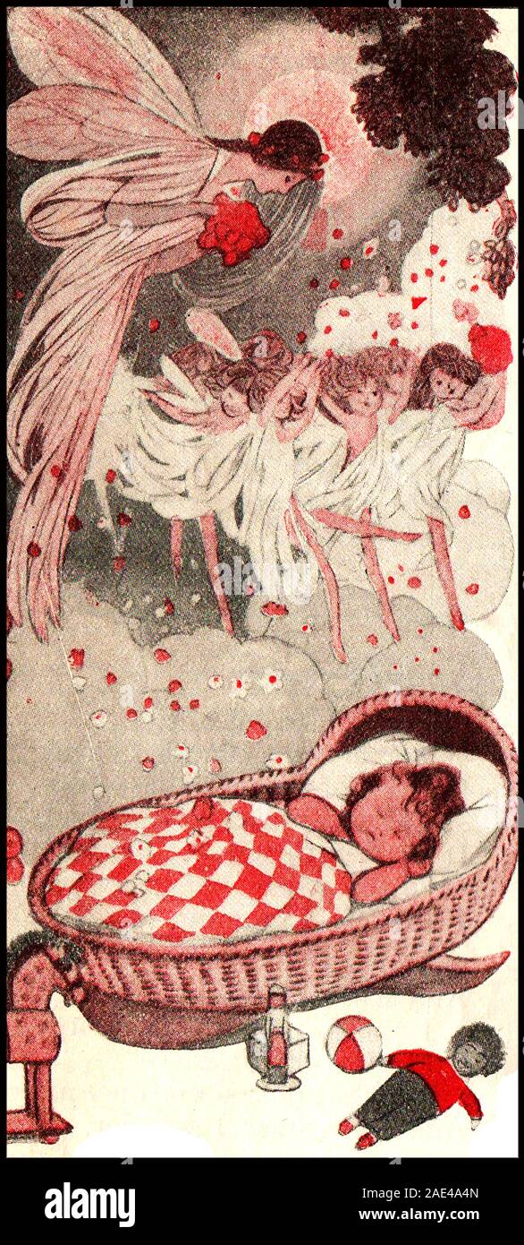1920 Anglais de couleur pour l'illustration de la bande dessinée d'un bébé endormi rêvant d'une fée ou d'ange gardien Banque D'Images