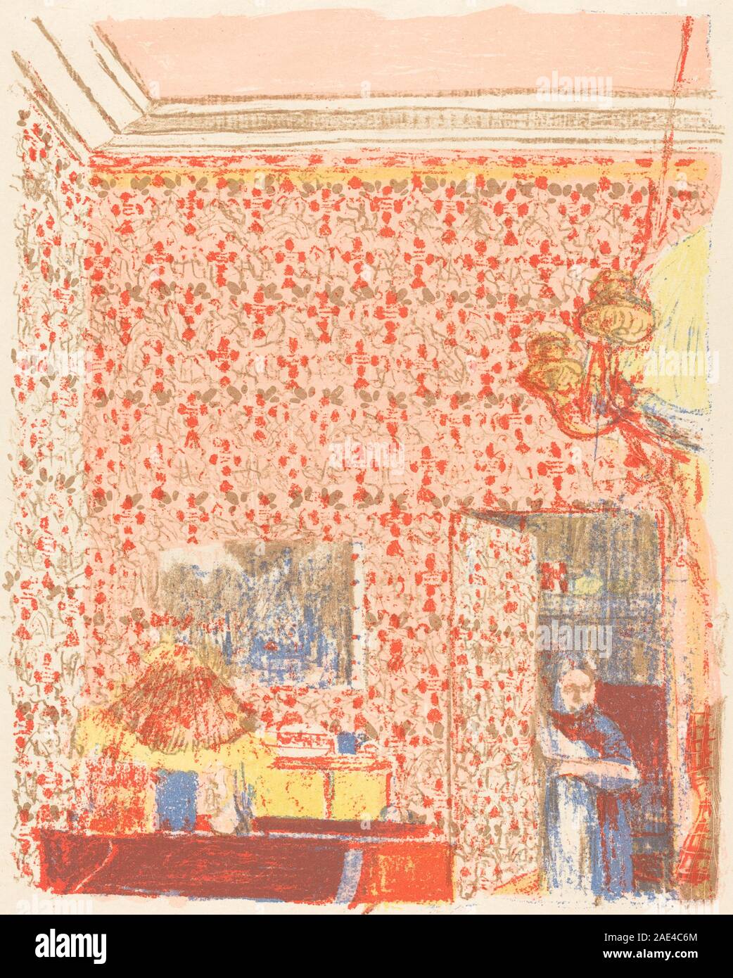 Tableau d'Edouard Vuillard, vers 1896, montrant un intérieur avec du papier peint rose, des meubles et des éléments décoratifs, exécuté à l'huile sur toile reflétant le style de la fin du XIXe siècle. Banque D'Images