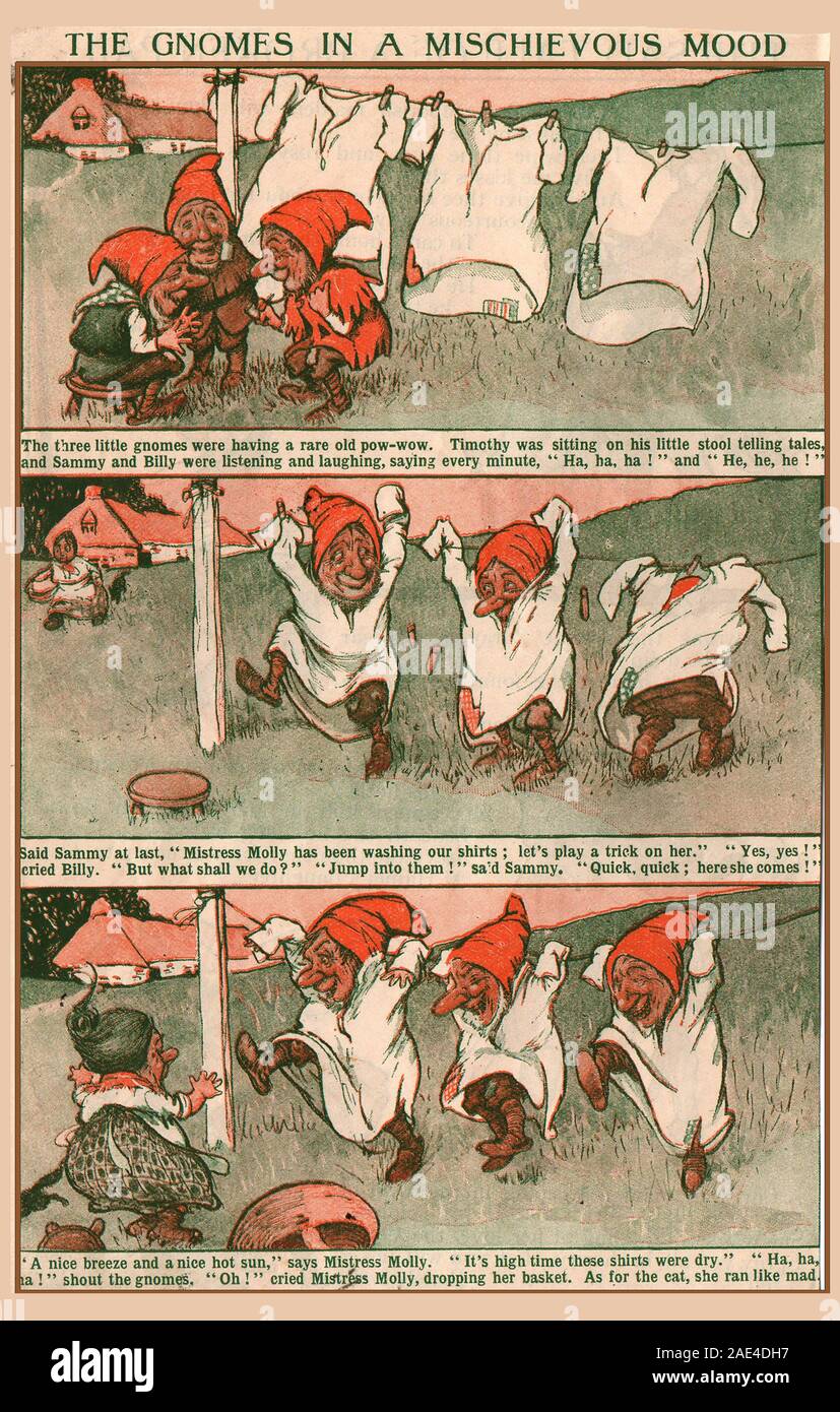 1920 historique français de couleur pour l'illustration de la bande dessinée. 'Les gnomes dans une humeur espiègle" (Timothée, Sammy, Billy & Mistress Molly) Banque D'Images