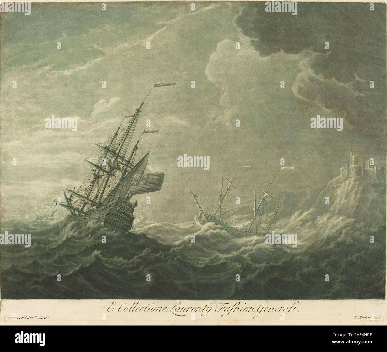 Le tirage des années 1720 d'Elisha Kirkall d'après Willem van de Velde the Younger représente une scène maritime avec des voiliers, des vagues et des structures portuaires, mettant l'accent sur la composition, les détails, et des éléments nautiques. Banque D'Images