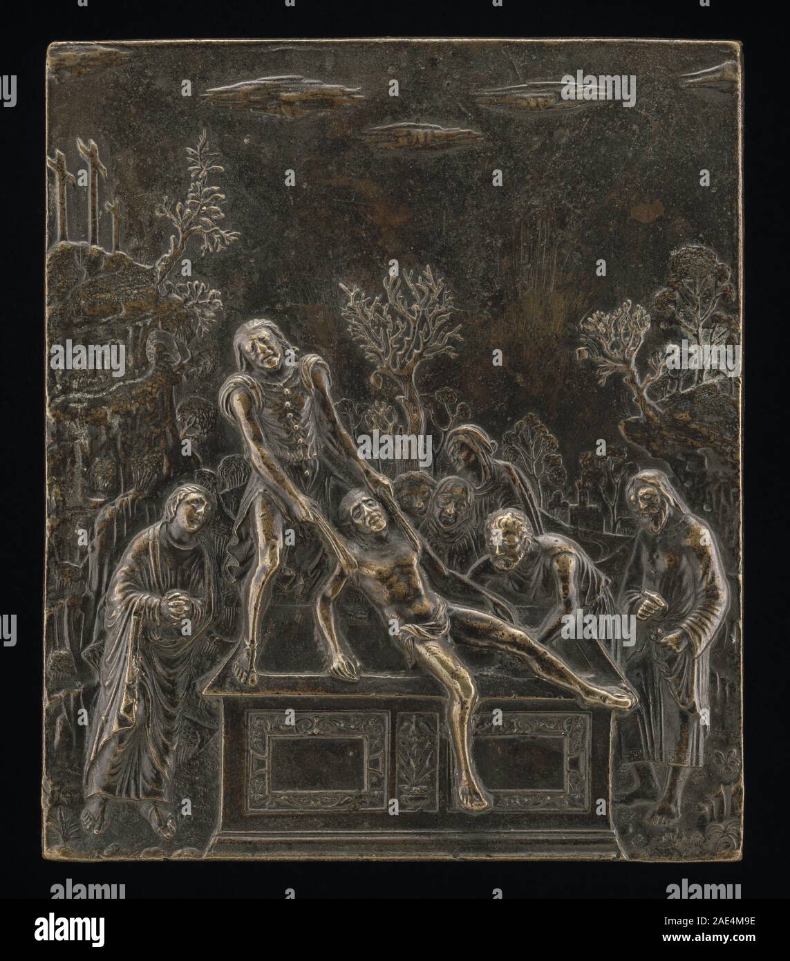 Une peinture religieuse du début du XVIe siècle de l'école émilienne représentant l'enterrement du Christ, mettant en évidence la composition de la Renaissance, la représentation figurative et les sujets de dévotion. Banque D'Images