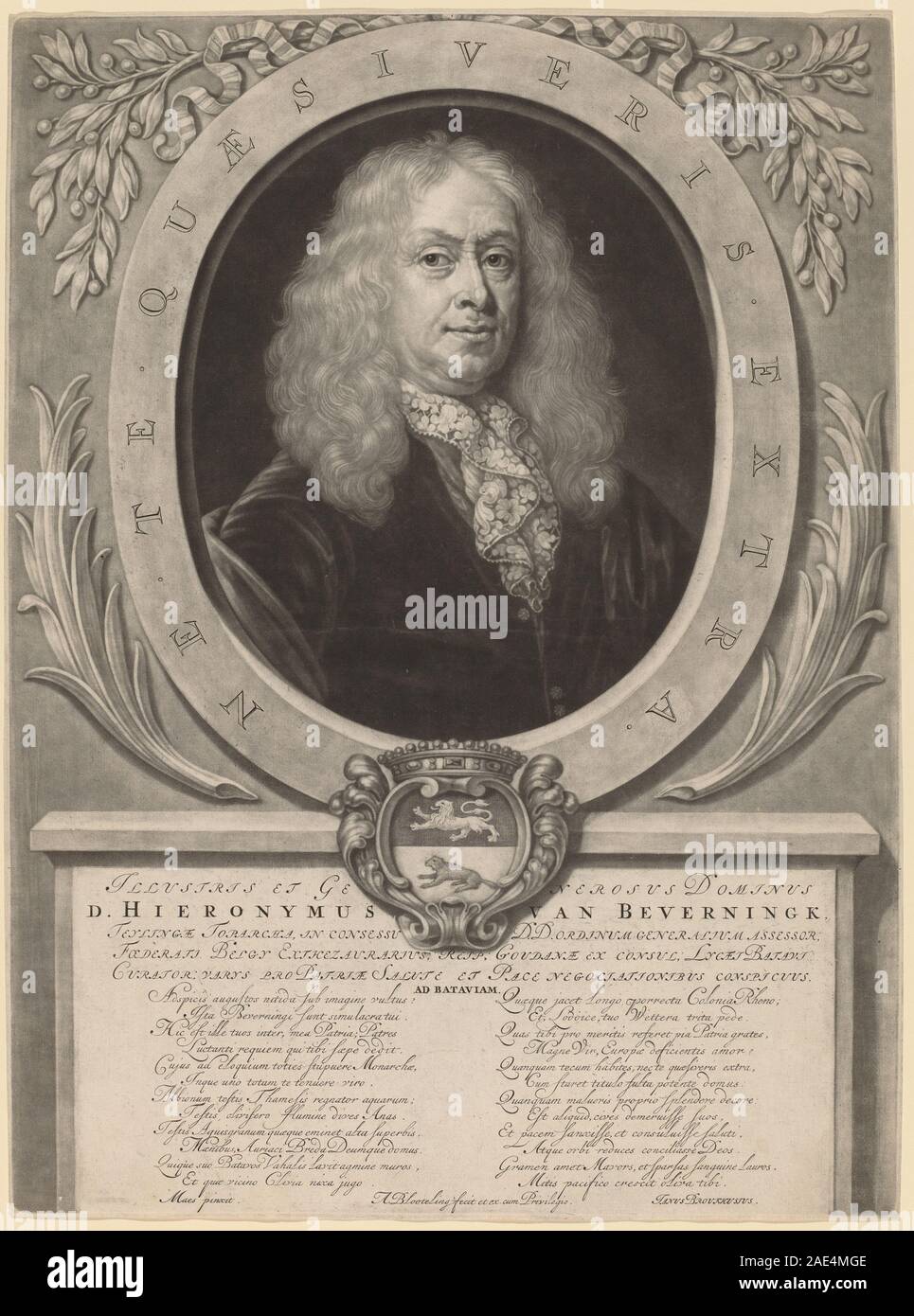 Gravure d'Abraham Blooteling d'après Nicolaes Maes représentant Hieronymus van Beverningk, montrant un portrait avec des traits du visage détaillés, des vêtements et des éléments stylistiques hollandais du XVIIe siècle. Banque D'Images