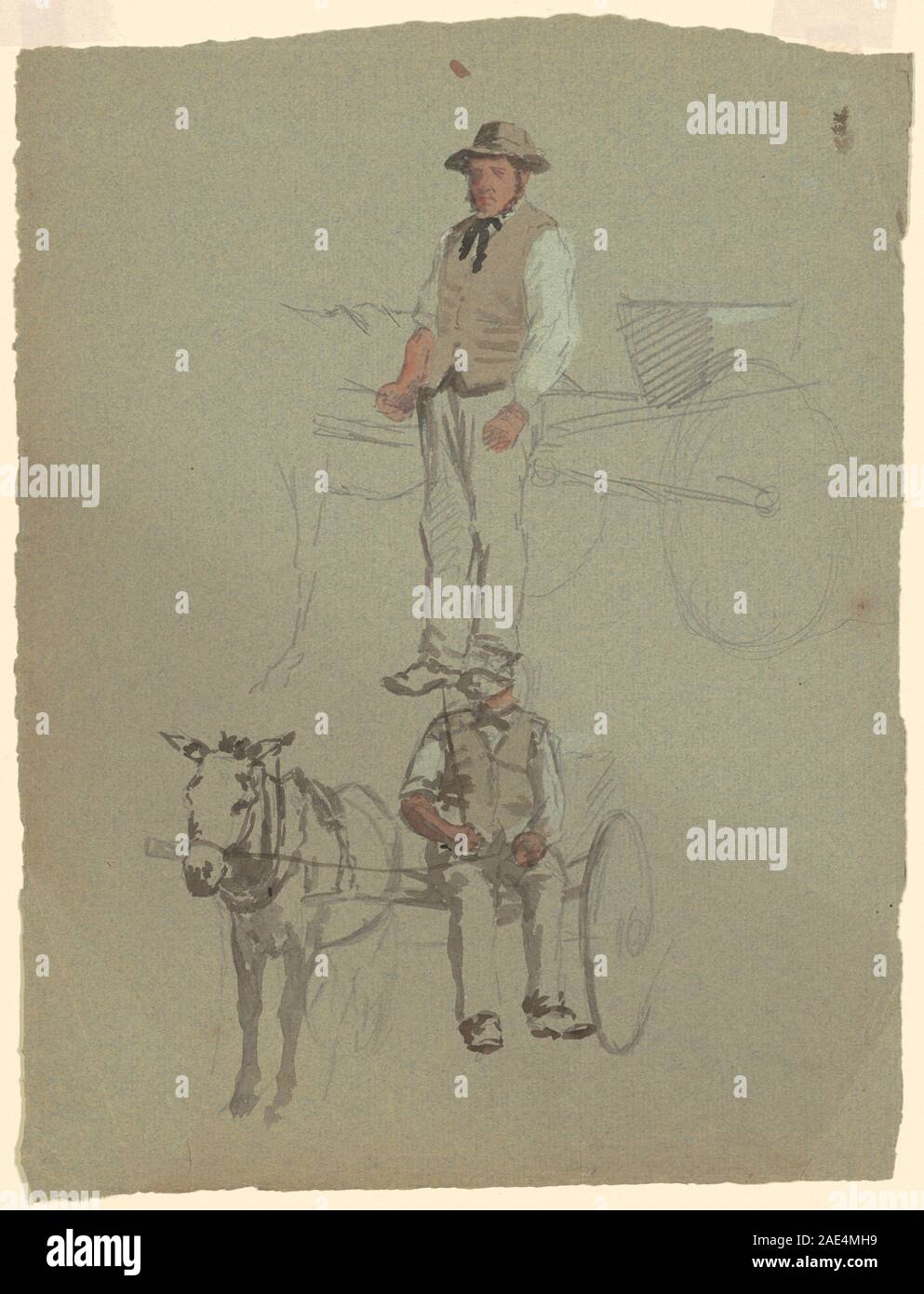 Une série de croquis d'Enoch Wood Perry Jr. de 1870-1890 représentant un homme avec une charrette tirée par un cheval, illustrant des figures, des animaux et des études de véhicules dans un style réaliste. Banque D'Images