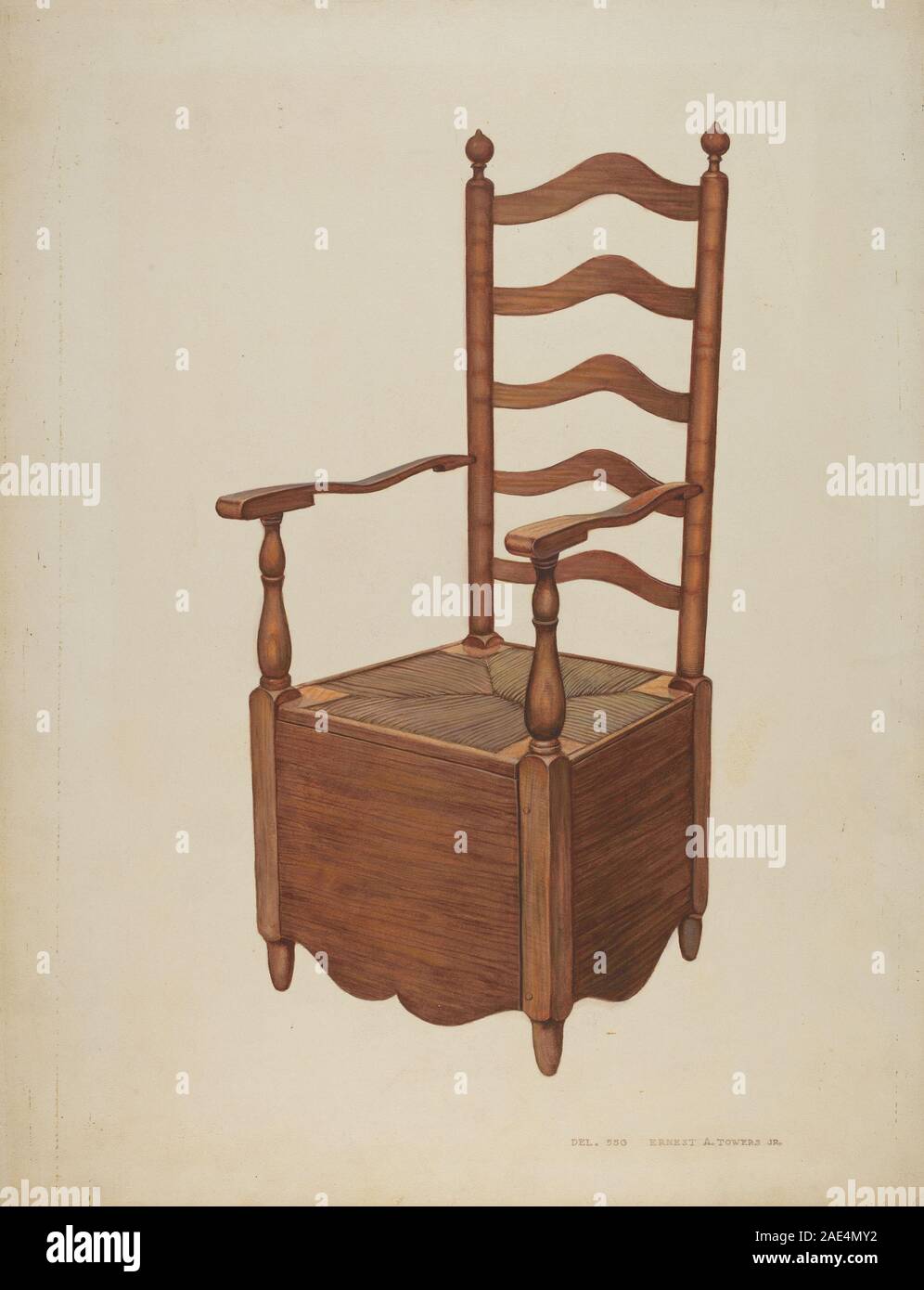 Une chaise commode créée vers 1940 par Ernest A. Towers Jr., avec un cadre en bois, un siège et un pot de chambre fonctionnel à usage domestique. Banque D'Images