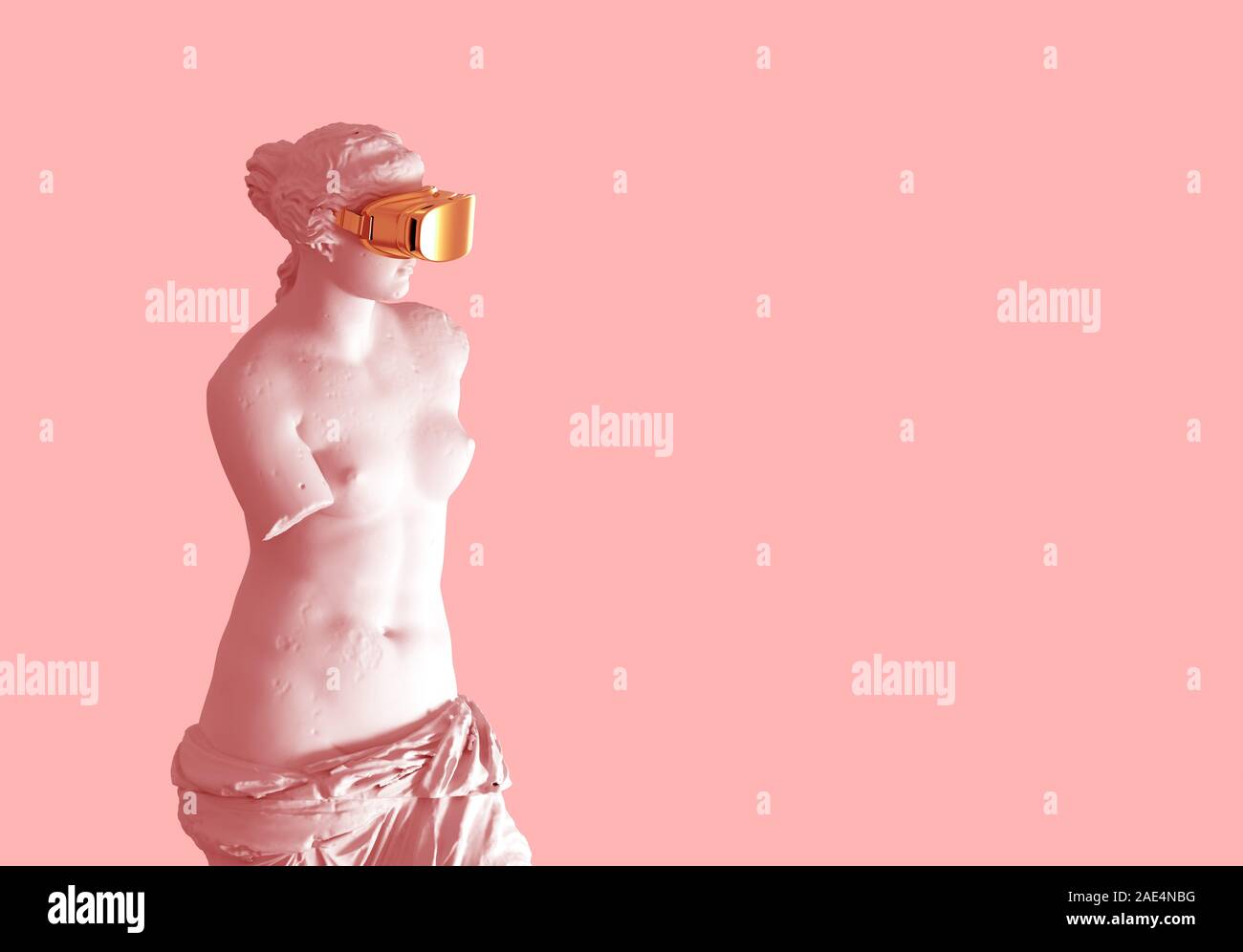 Modèle 3D'Aphrodite avec la réalité virtuelle d'or Lunettes sur fond rose. Banque D'Images