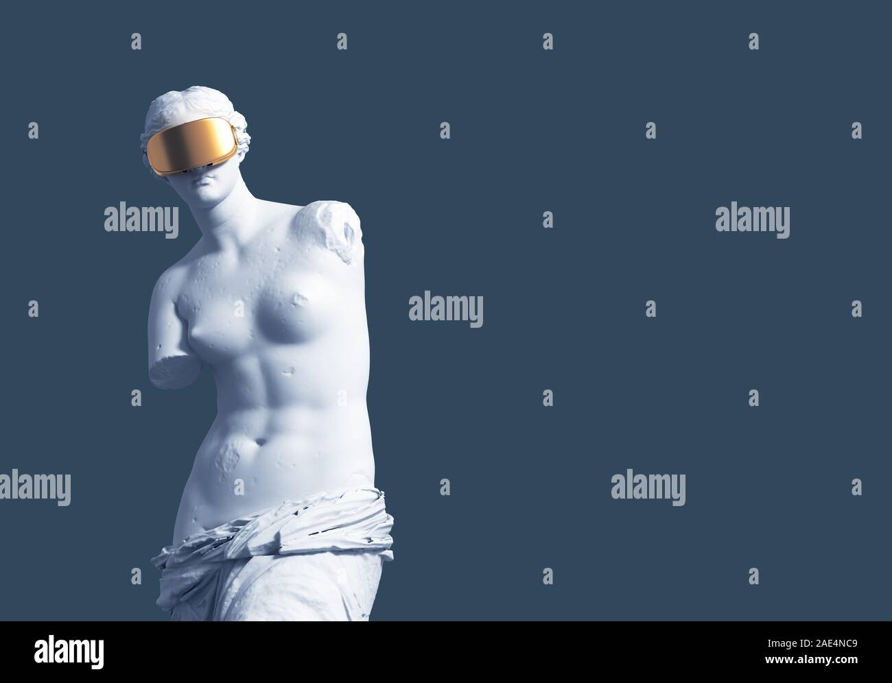 Modèle 3D'Aphrodite avec la réalité virtuelle d'or Lunettes sur fond bleu. Conception de l'art et la réalité virtuelle. Banque D'Images