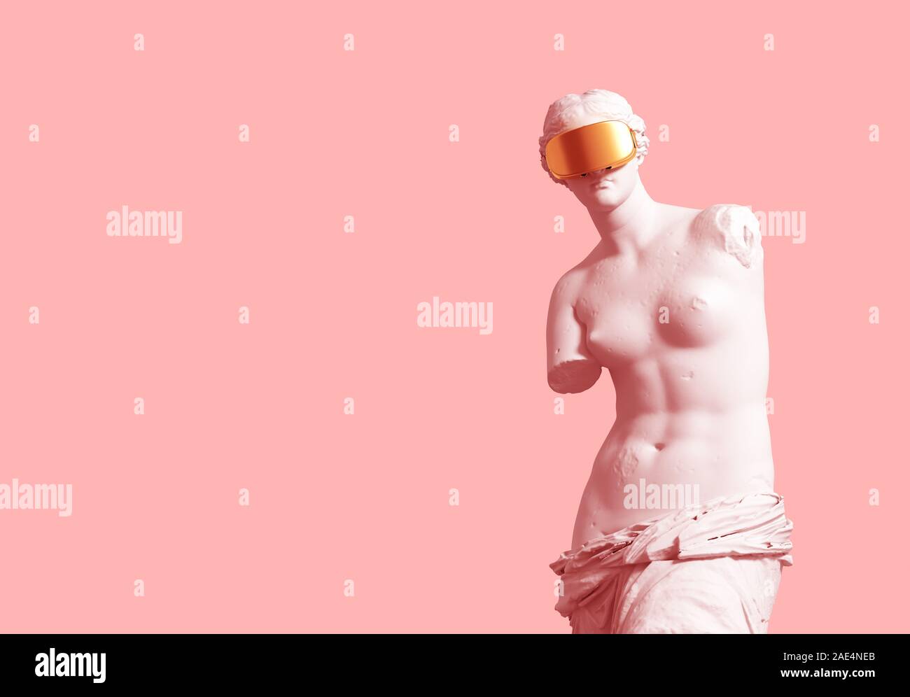 Modèle 3D avec lunettes VR Aphrodite d'or sur fond rose. Banque D'Images