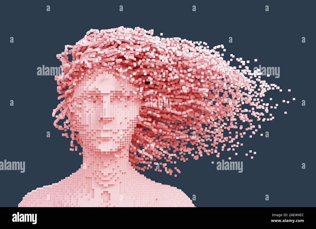 Pixelated rose Tête de femme et de pixels 3D que les cheveux sur fond bleu Banque D'Images