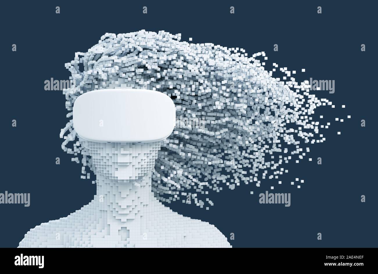 Pixelisées Femme portant des lunettes de réalité virtuelle et 3D Pixels que les cheveux sur fond bleu Banque D'Images