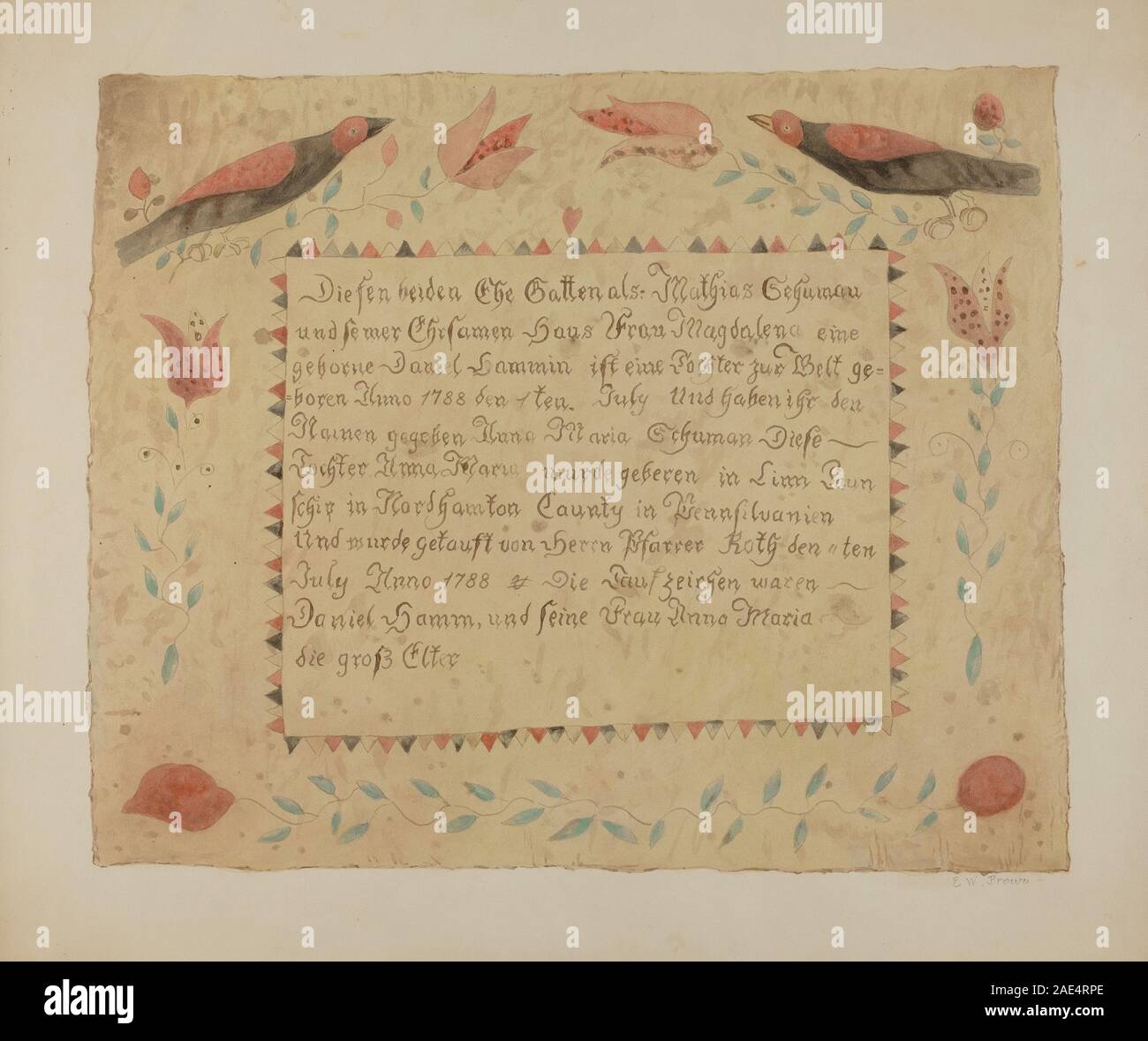 Un certificat de naissance allemand de Pennsylvanie créé vers 1940 par Ethelbert Brown, contenant des informations manuscrites et imprimées, des éléments décoratifs et des détails officiels d'enregistrement. Banque D'Images