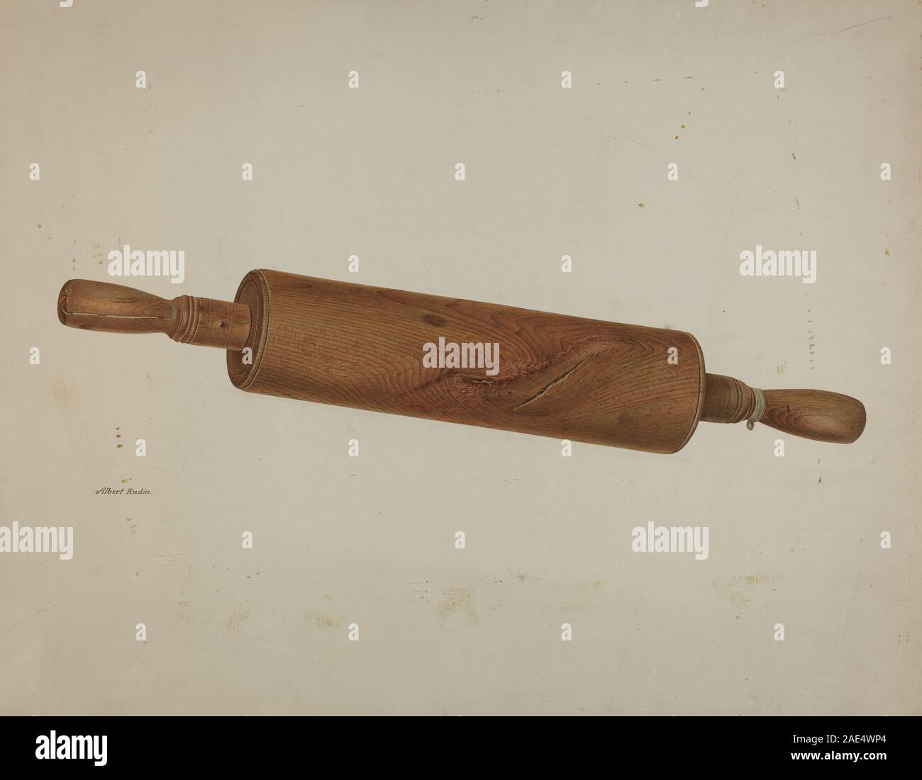 Un rouleau à pâtisserie créé vers 1940 par Albert Rudin, fait de bois pour aplatir la pâte. L'objet démontre la conception et l'artisanat fonctionnels des ustensiles de cuisine. Banque D'Images