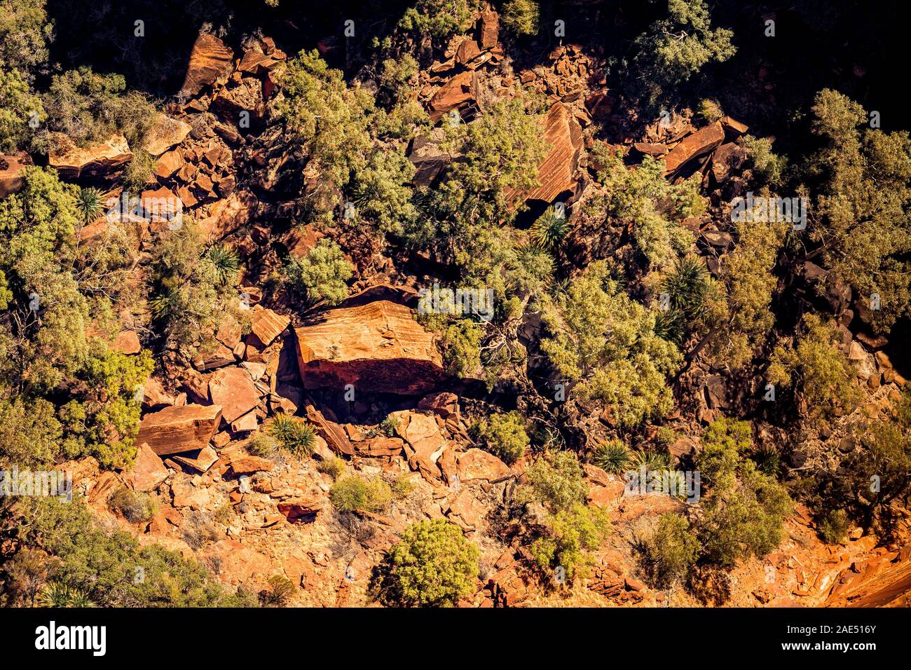 Blocs de grès Mereenie qui sont plus grands qu'une maison s'écrouler par canyon ci-dessous à Kings Canyon, Territoire du Nord, Australie Banque D'Images