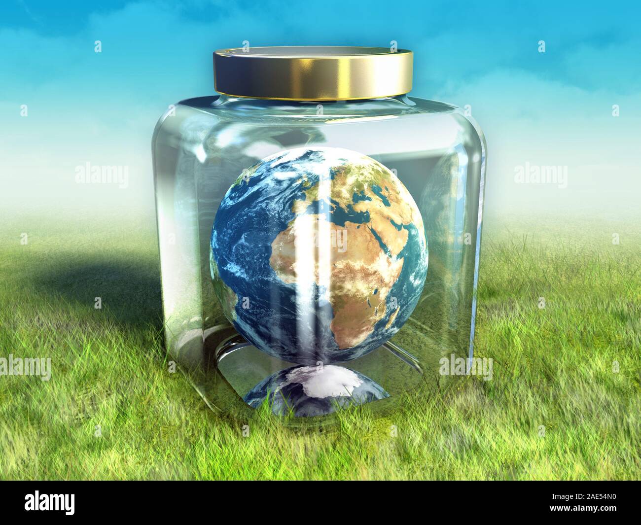 La planète Terre est tenue à l'intérieur d'un bocal en verre pour la protéger. Illustration numérique. Banque D'Images