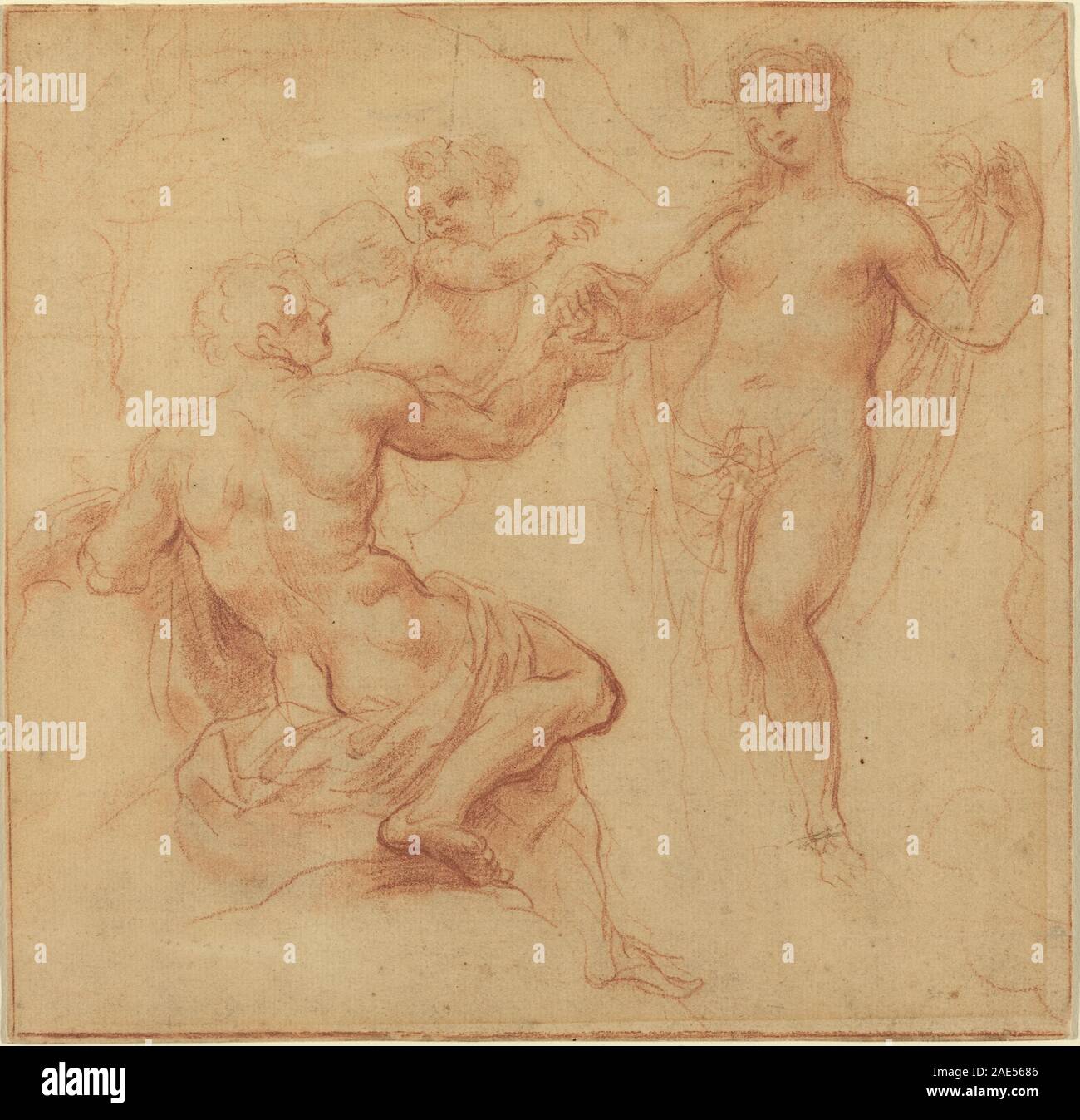 Une peinture de Francesco Albani montrant Paris présentant la pomme d'or à Vénus, représentant trois déesses, une scène mythologique, des gestes, des draperies classiques, et des éléments de paysage. Banque D'Images