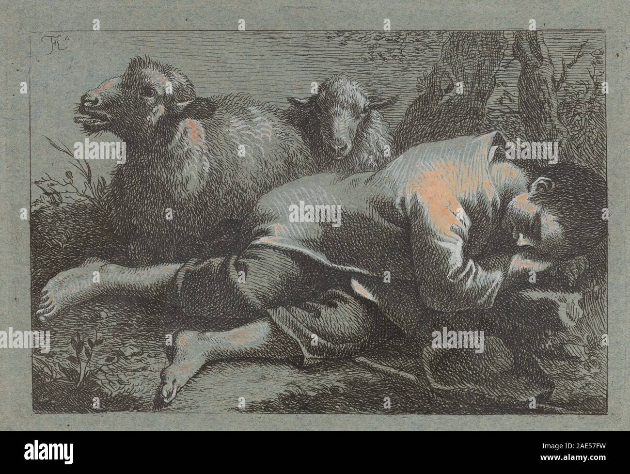 Cette peinture de Francesco Londonio, 1758-1759, représente un paysan dormant près de deux moutons dans un paysage rural. Il met l'accent sur la peinture de genre italienne du XVIIIe siècle, les détails naturalistes et les thèmes pastoraux. Banque D'Images