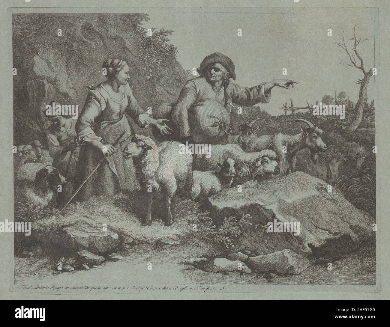 L'homme paysan avec un sac et deux bergers, créé après 1765 par Francesco Londonio, représente des personnages ruraux engagés dans l'activité quotidienne. La peinture met l'accent sur les vêtements, la posture et l'interaction dans un paysage pastoral, caractéristique de la peinture de genre italienne du XVIIIe siècle. Banque D'Images