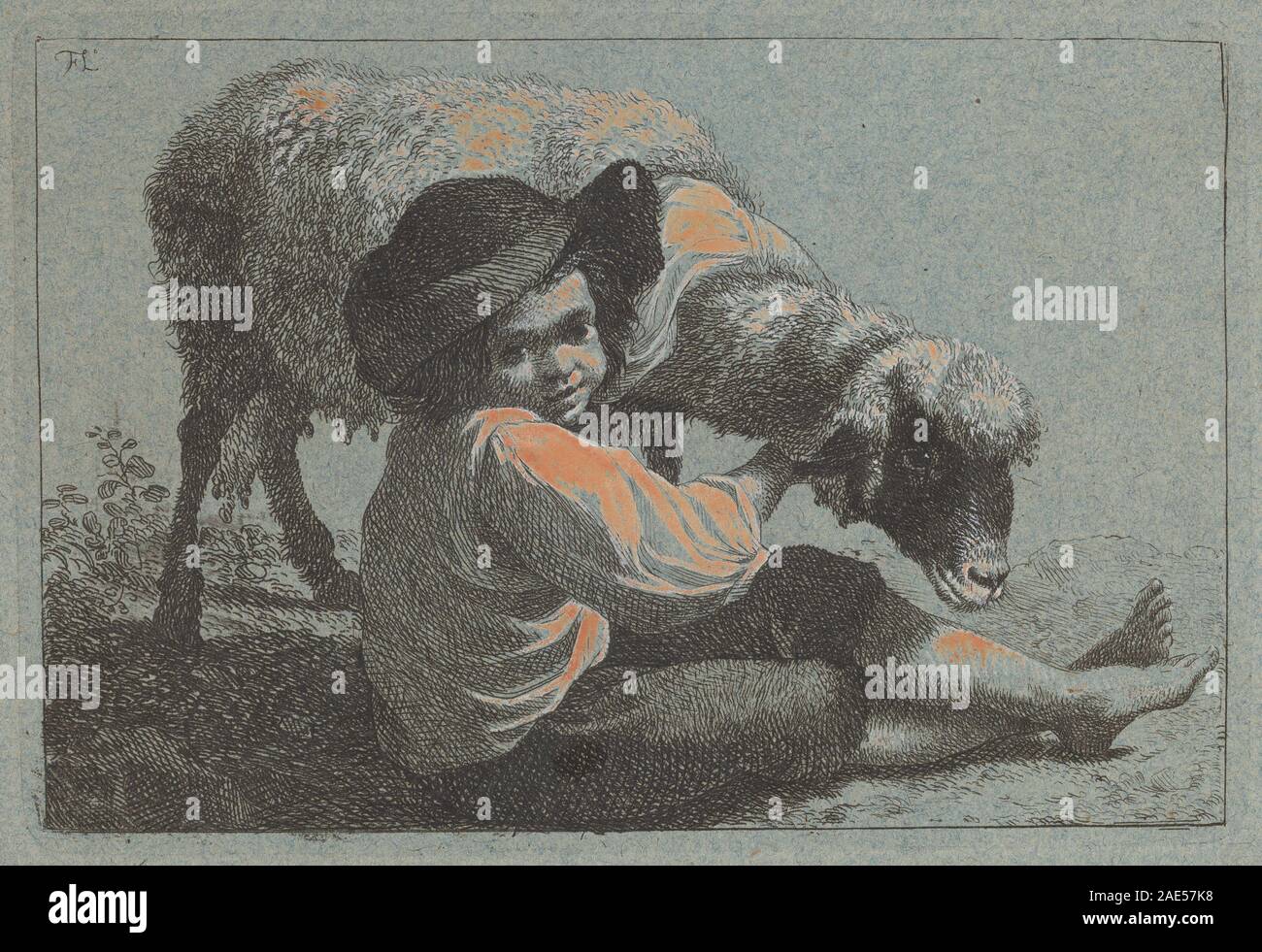 Tableau de Francesco Londonio montrant un garçon paysan assis tenant un mouton, mettant en évidence la vie pastorale, la figure humaine, l'interaction avec les animaux et la tenue rurale. Banque D'Images