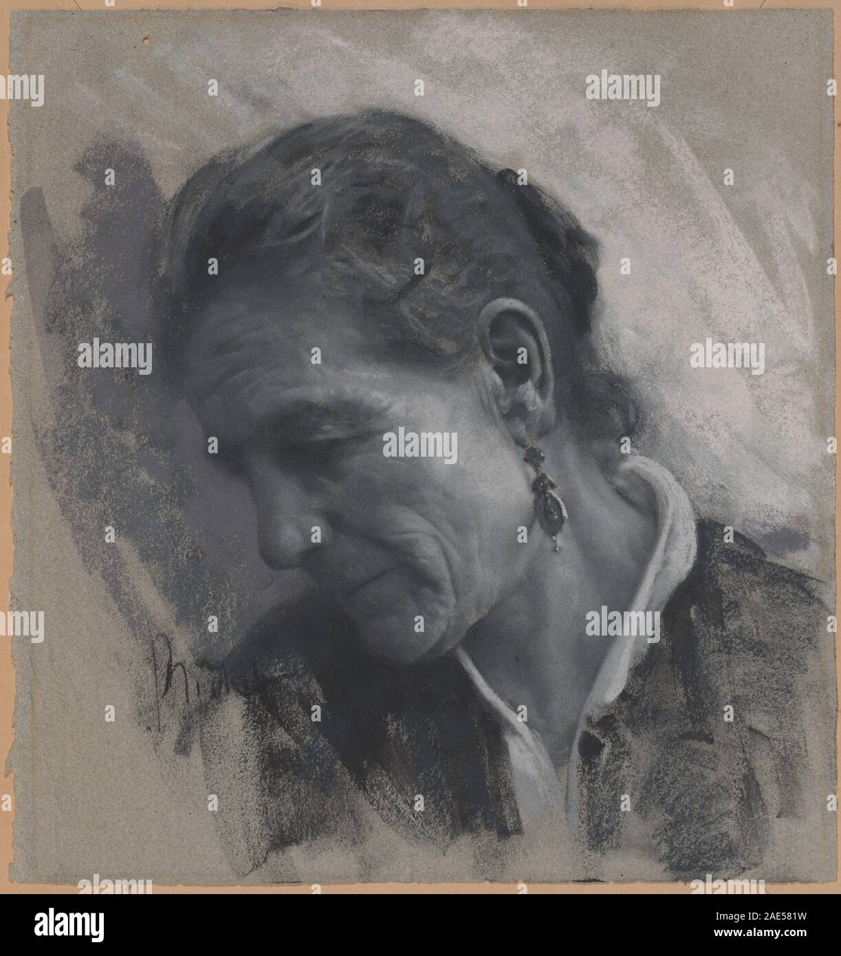 Luisa Carmignani, la belle-mère de l'artiste, peinte vers 1881 par Francesco Paolo Michetti, représente une femme assise. Le portrait met en valeur les traits du visage, la tenue vestimentaire et le cadre domestique, caractéristiques de la peinture italienne du XIXe siècle. Banque D'Images