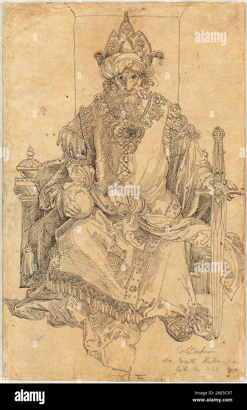Une gravure réalisée vers 1495 par Albrecht Dürer représentant un souverain oriental assis sur un trône, vêtu de robes, tenant un sceptre, des traits faciaux détaillés et un trône ornemental. Banque D'Images