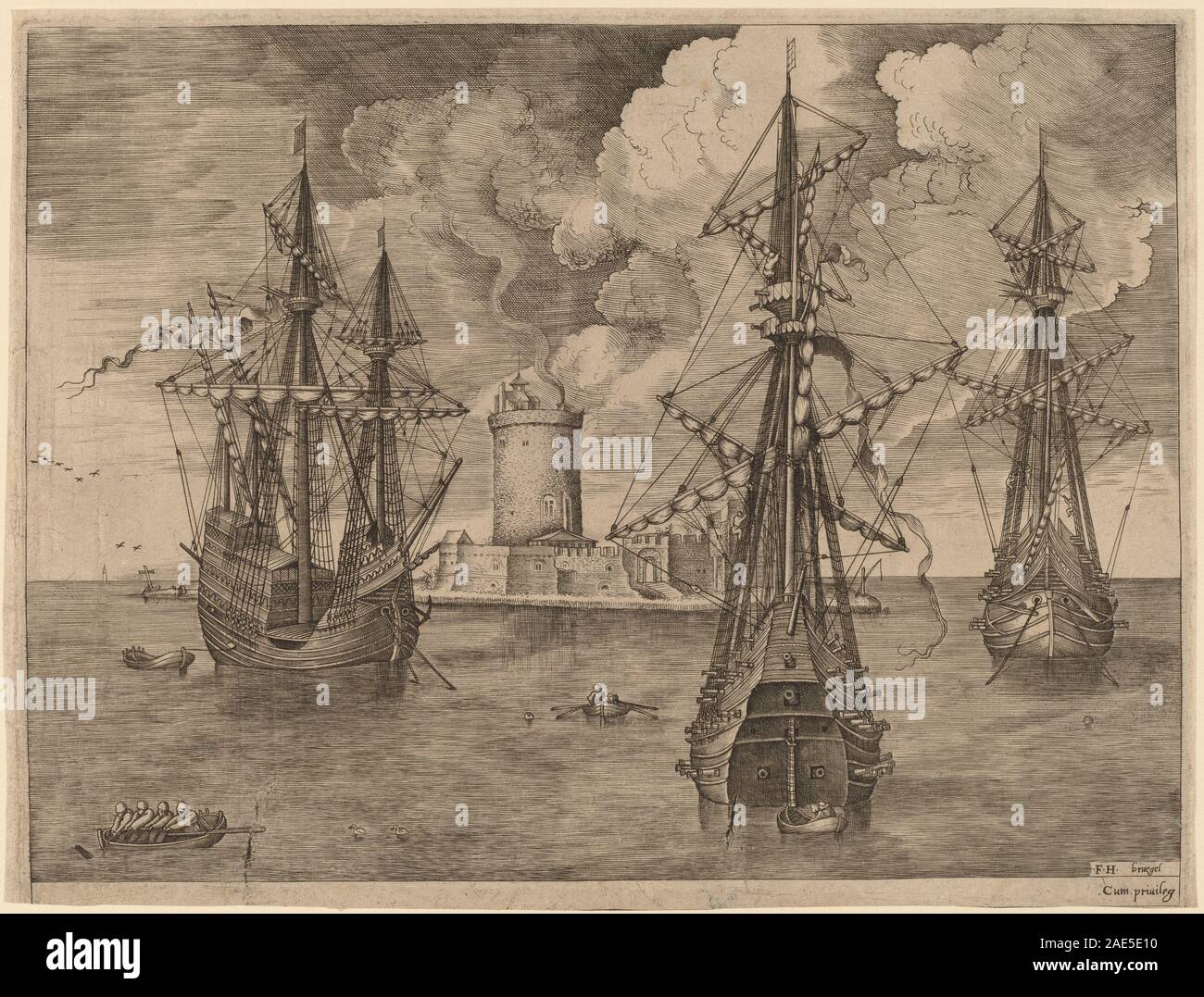 Une scène maritime de 1565 par Frans Huys d'après Pieter Bruegel l'ancien, représentant quatre navires et deux navires trois maîtres ancrés près d'une île fortifiée avec un phare, illustrant la navigation, la conception des navires et le paysage côtier de l'Europe du XVIe siècle. Banque D'Images