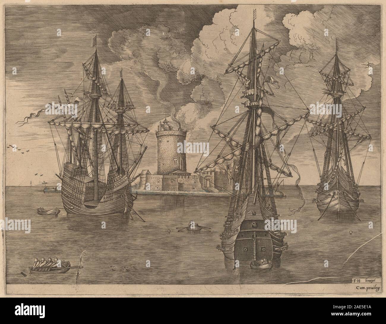 Une peinture de 1565 de Frans Huys d'après Pieter Bruegel l'ancien représentant une scène maritime avec un navire à quatre maîtres et deux navires à trois maîtres ancrés près d'une île fortifiée avec phare, vagues, voiles détaillées et ciel. Banque D'Images