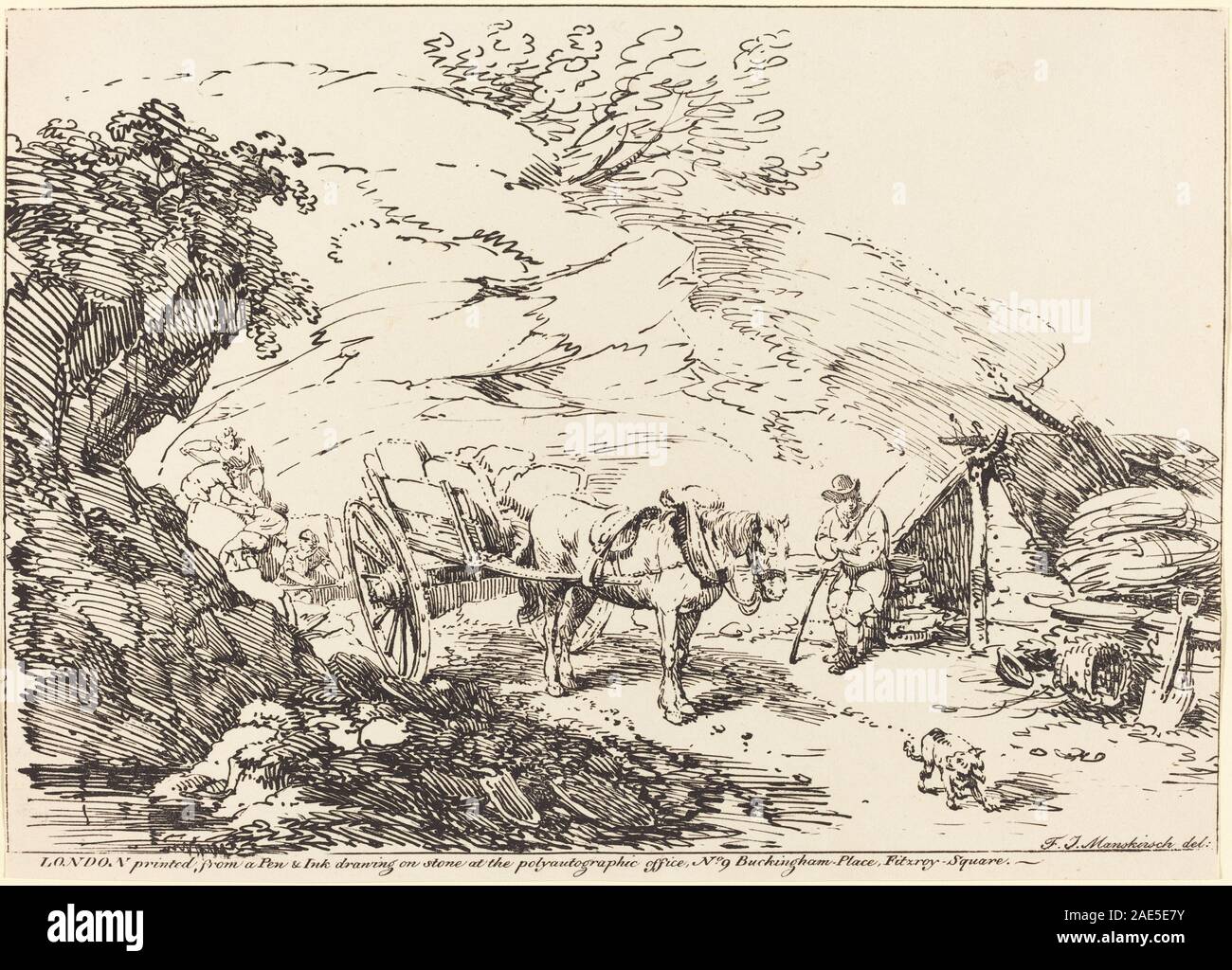 La peinture représente un cheval tirant une charrette dans une carrière, montrant le travail, les animaux et les outils dans un paysage accidenté avec l'accent sur le mouvement et la vie professionnelle. Banque D'Images