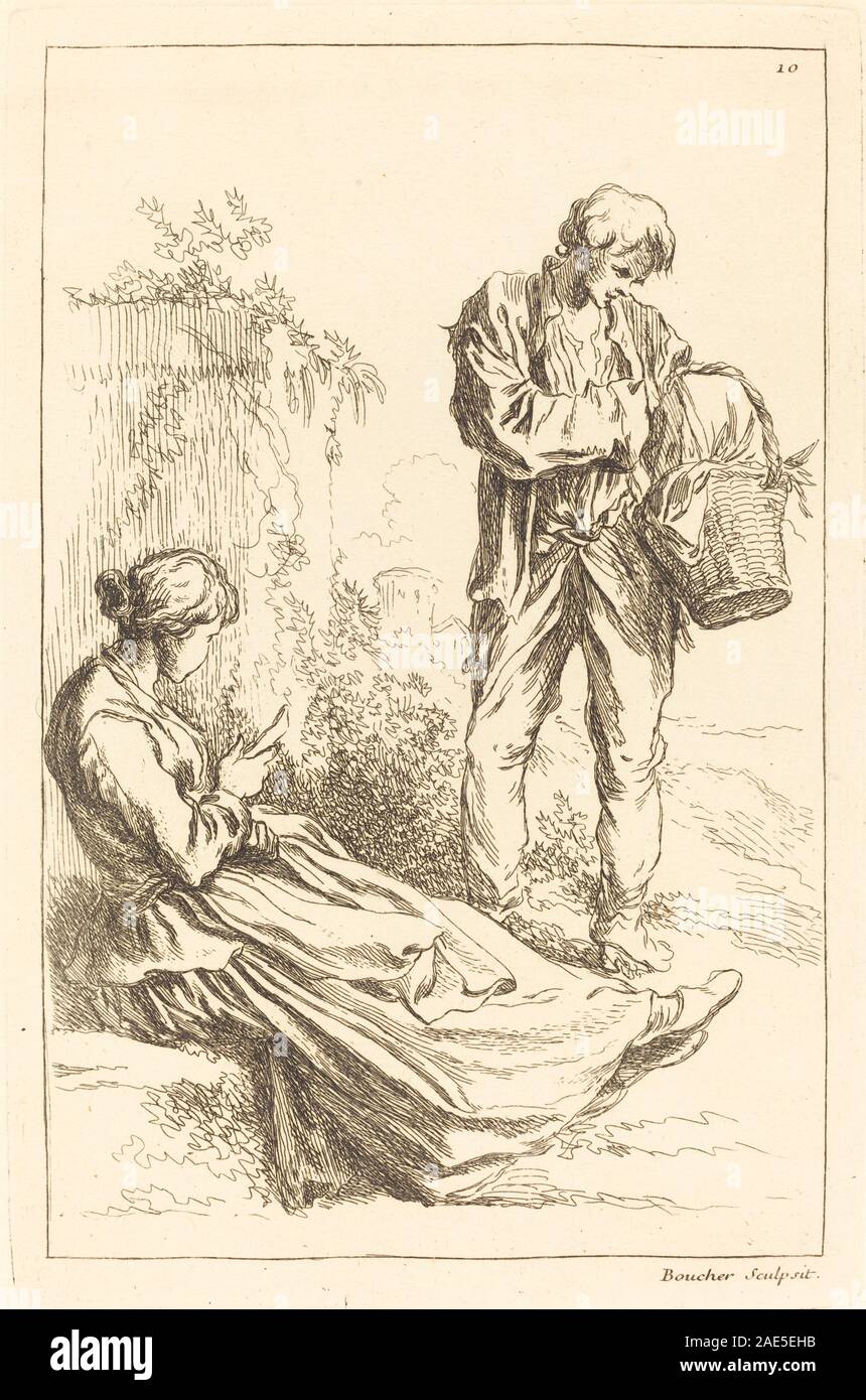 Cette œuvre montre une femme assise avec un garçon paysan tenant un panier, mettant l'accent sur l'interaction et la vie pastorale, avec des détails de style rococo et des couleurs douces, reflétant les conventions françaises de peinture du XVIIIe siècle. Banque D'Images