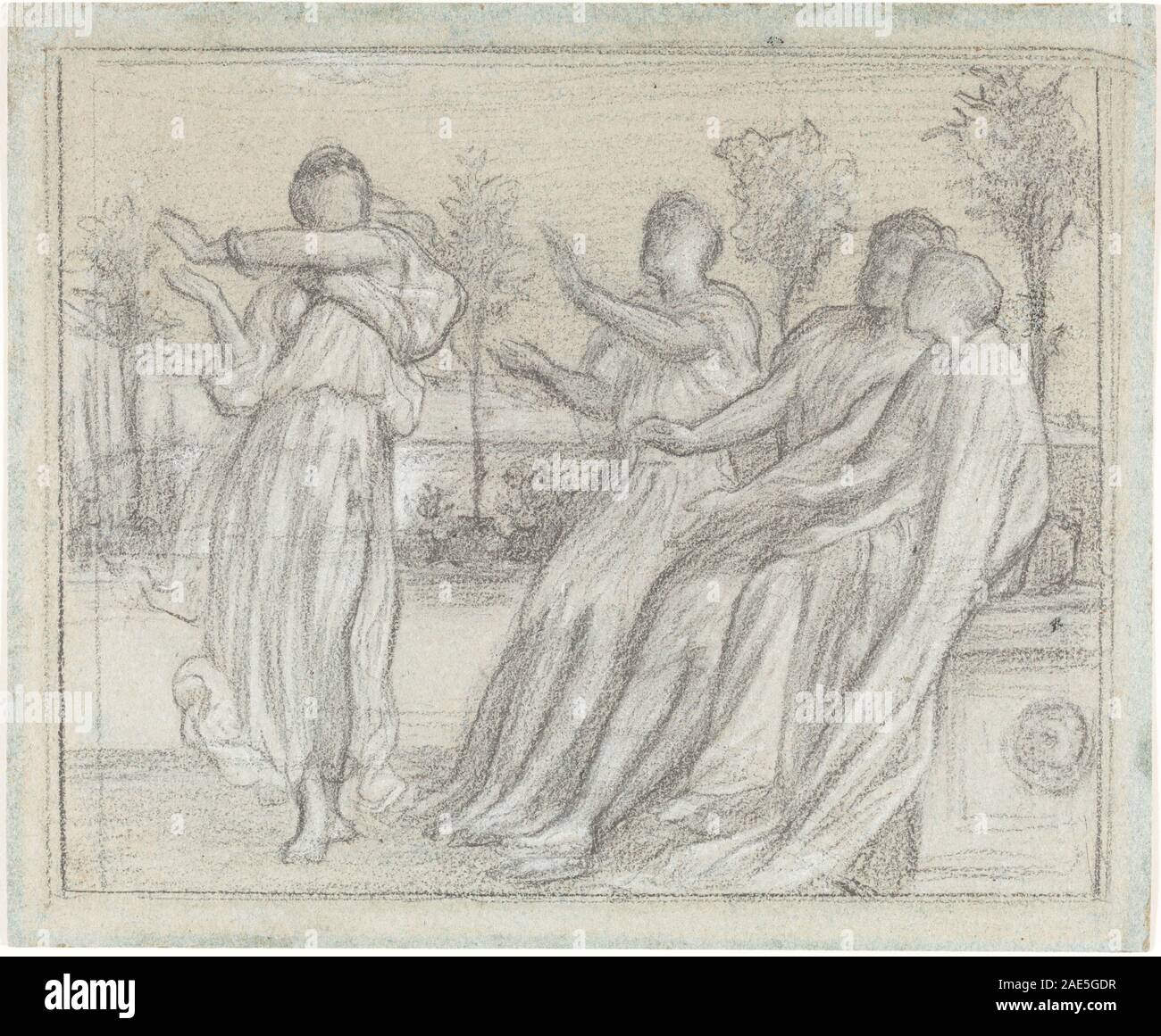 Une étude de Frederic, Lord Leighton vers 1867 montrant une fille grecque dansant, avec des vêtements fluides, pose dynamique, geste, expression faciale, et fond simplifié, servant de travail préparatoire pour une composition plus large. Banque D'Images