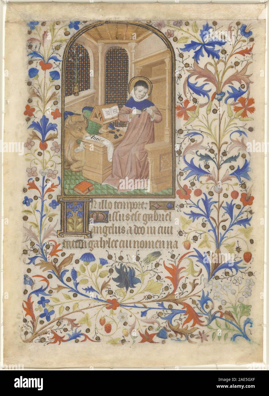 Une représentation de Saint Luc de 1425 à 1435 environ, au XVe siècle français, montrant un saint assis avec des attributs tels que livre, plume et iconographie religieuse dans le style gothique. Banque D'Images