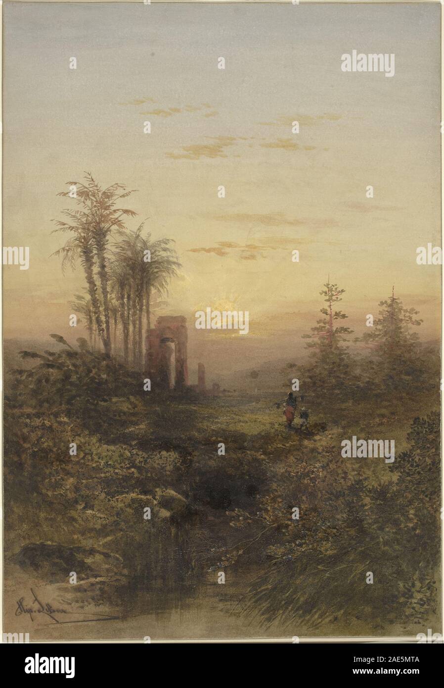 Coucher de soleil dans un paysage Oriental Gabriel Hippolyte Lebas, Coucher de soleil dans un paysage Oriental Banque D'Images