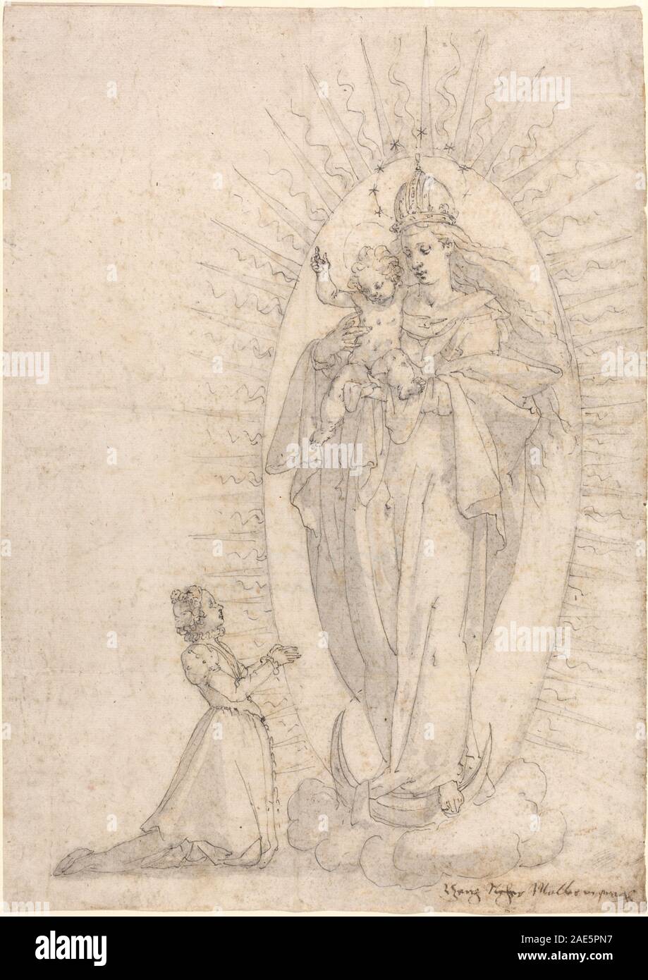 Cette peinture de Georg Neher datant de 1600 représente la Vierge et l'enfant apparaissant à un demandeur, montrant des figures religieuses, des gestes, des draperies et une iconographie de dévotion. Banque D'Images