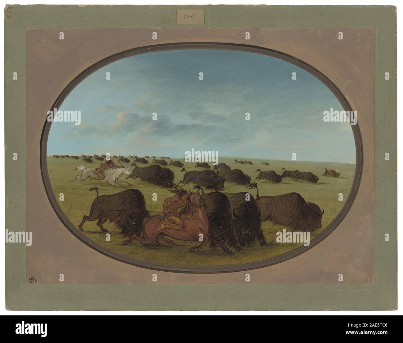 Une peinture de George Catlin de 1861-1869 représentant une chasse au bison avec des accidents, montrant le bison, les chasseurs, les chevaux, le mouvement, paysage et vie autochtone nord-américaine du XIXe siècle. Banque D'Images
