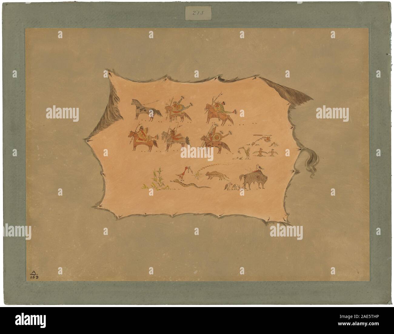 Il s'agit d'un fac-similé d'une robe de médecin Pawnee créée entre 1861 et 1869 par George Catlin. La robe est décorée de motifs Pawnee traditionnels, de motifs peints et de motifs symboliques utilisés dans les cérémonies de guérison, reflétant les pratiques culturelles et spirituelles du peuple Pawnee au milieu du XIXe siècle. Banque D'Images