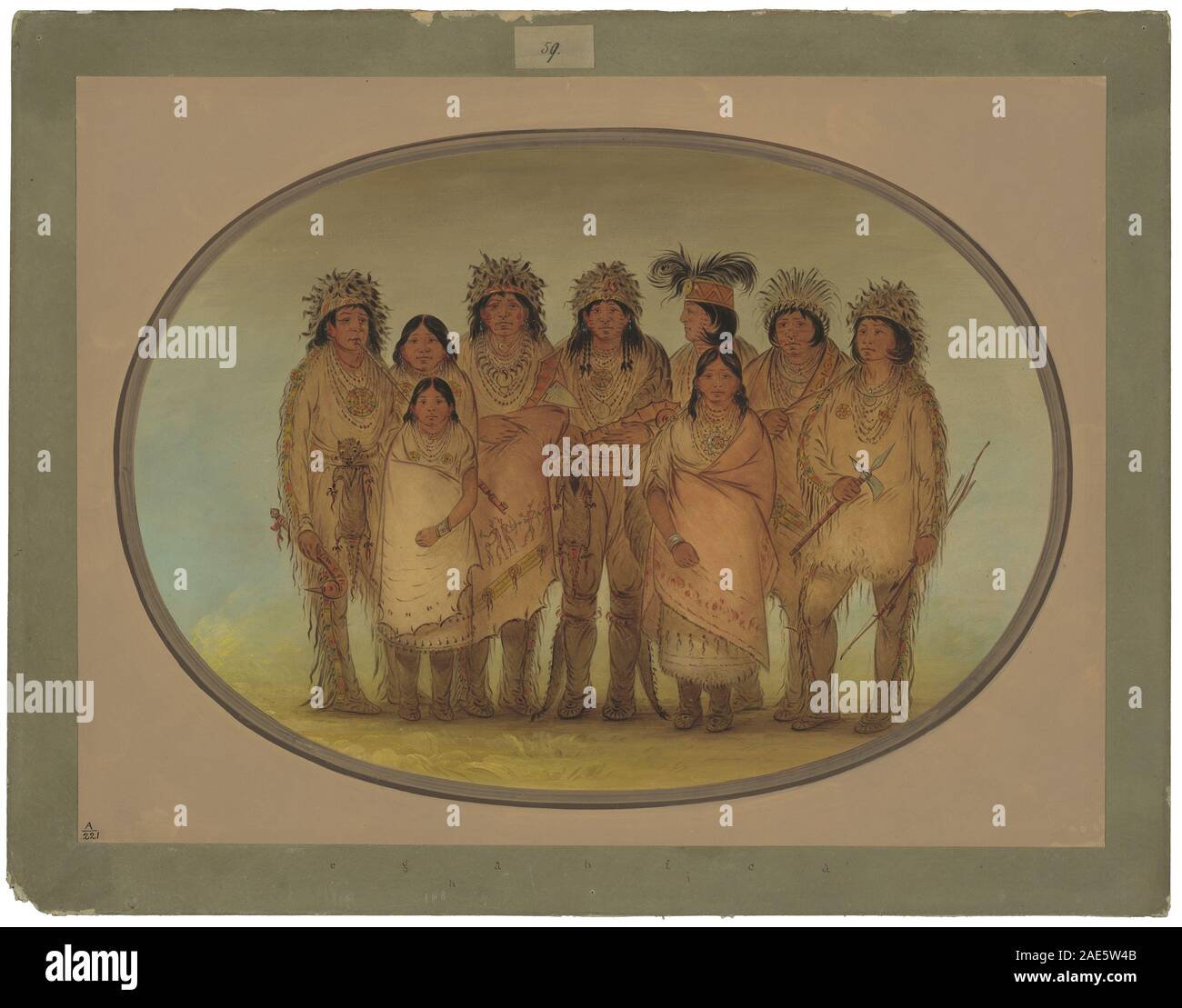 Peinture de George Catlin, 1861-1869, montrant neuf Indiens Ojibbeway à Londres, représentant vêtements, gestes, environnement urbain et visiteurs autochtones nord-américains du milieu du XIXe siècle. Banque D'Images