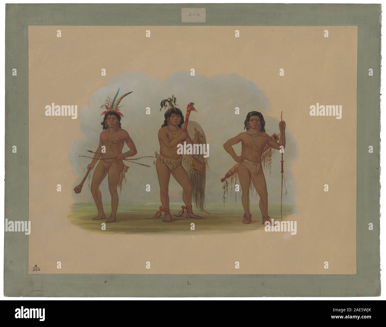 Une peinture de George Catlin de 1854 à 1869 représentant trois Indiens Zurumati, montrant des vêtements traditionnels, la posture, les traits du visage, les gestes, et portrait tribal nord-américain du milieu du XIXe siècle. Banque D'Images