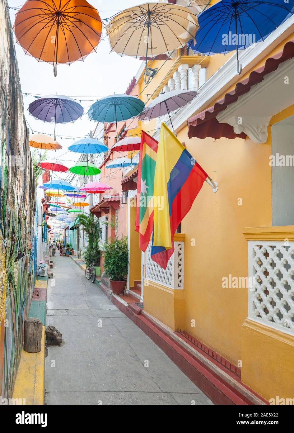 Parasols colorés ornant 27e rue (Calle 27) dans le quartier de Getsemani Cartagena, Colombie. Banque D'Images