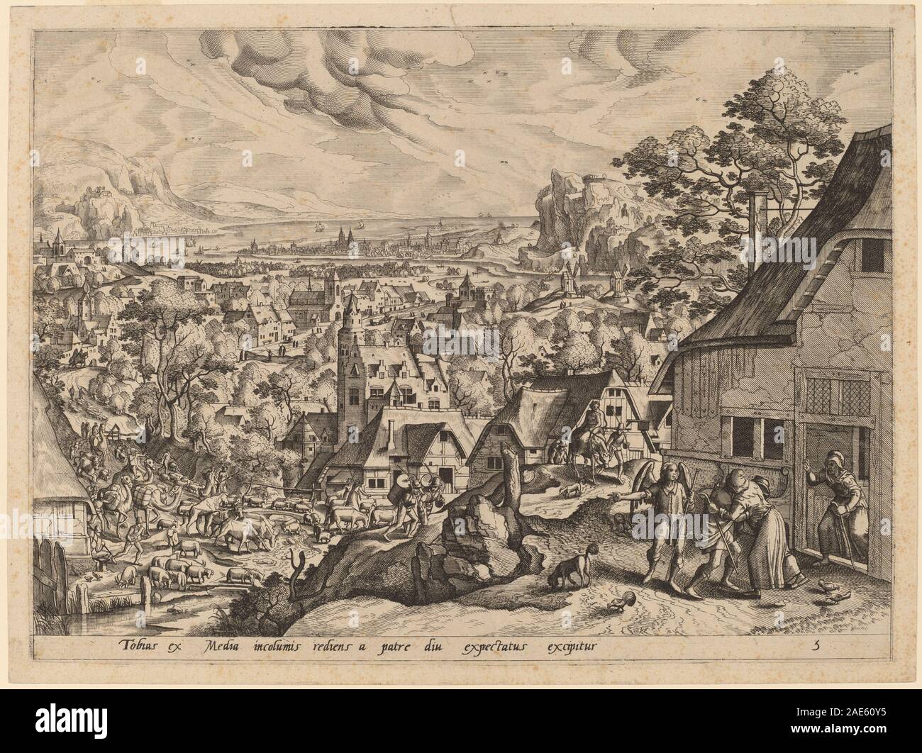 Une peinture de Gerard de Jode d'après Hans bol représentant Tobias rentrant chez lui avec sa mariée, y compris des figures, des gestes, de l'architecture, du paysage, et style narratif européen de la fin du XVIe siècle. Banque D'Images